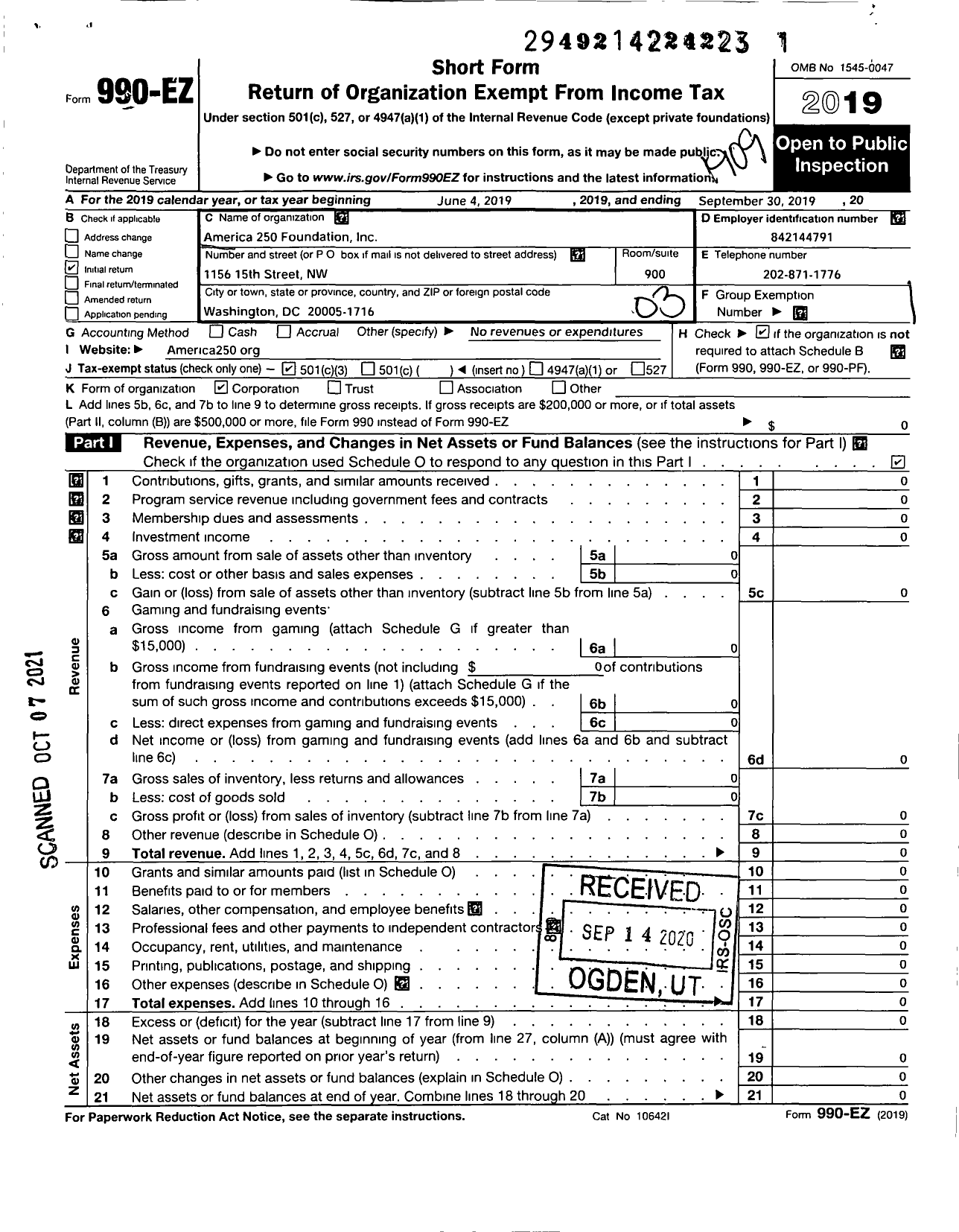 Image of first page of 2018 Form 990EZ for America 250 Foundation