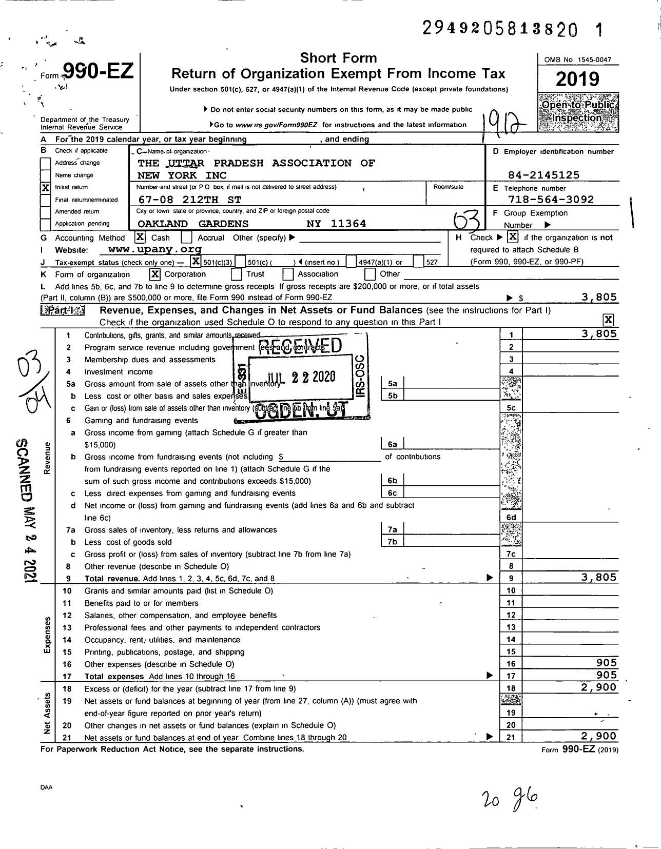 Image of first page of 2019 Form 990EZ for Uttar Pradesh Association of New York