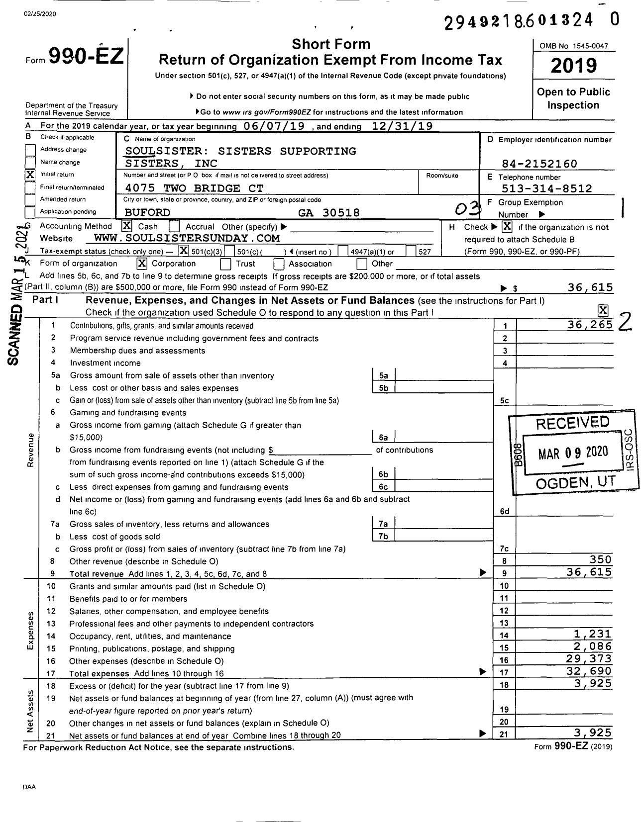 Image of first page of 2019 Form 990EZ for Soulsister Sisters Supporting Sisters