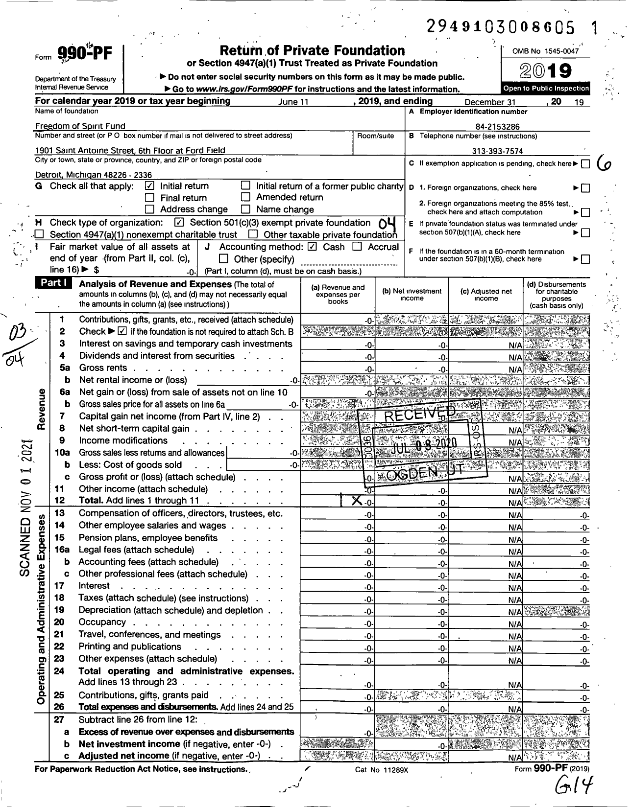 Image of first page of 2019 Form 990PF for Freedom of Spirit Fund