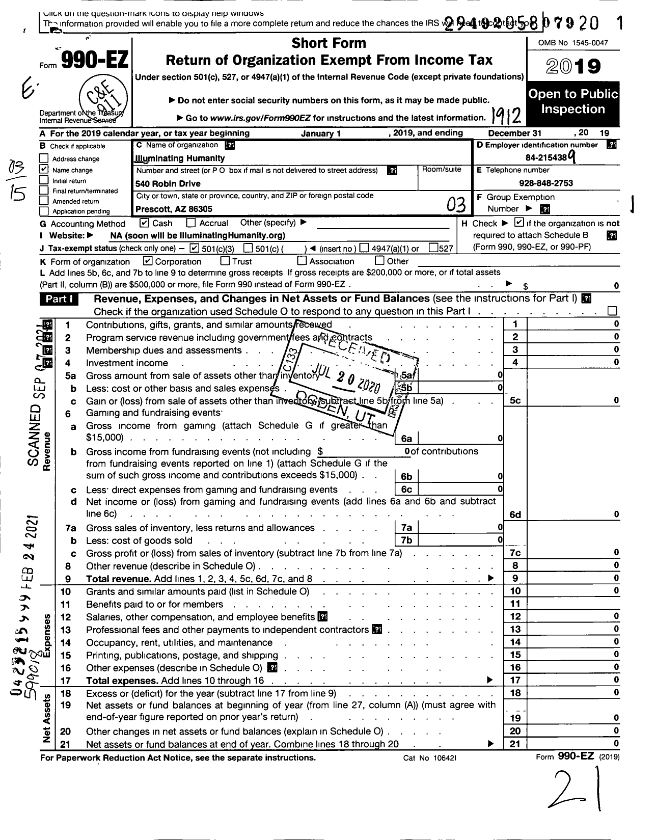 Image of first page of 2019 Form 990EZ for Illuminating Humanity