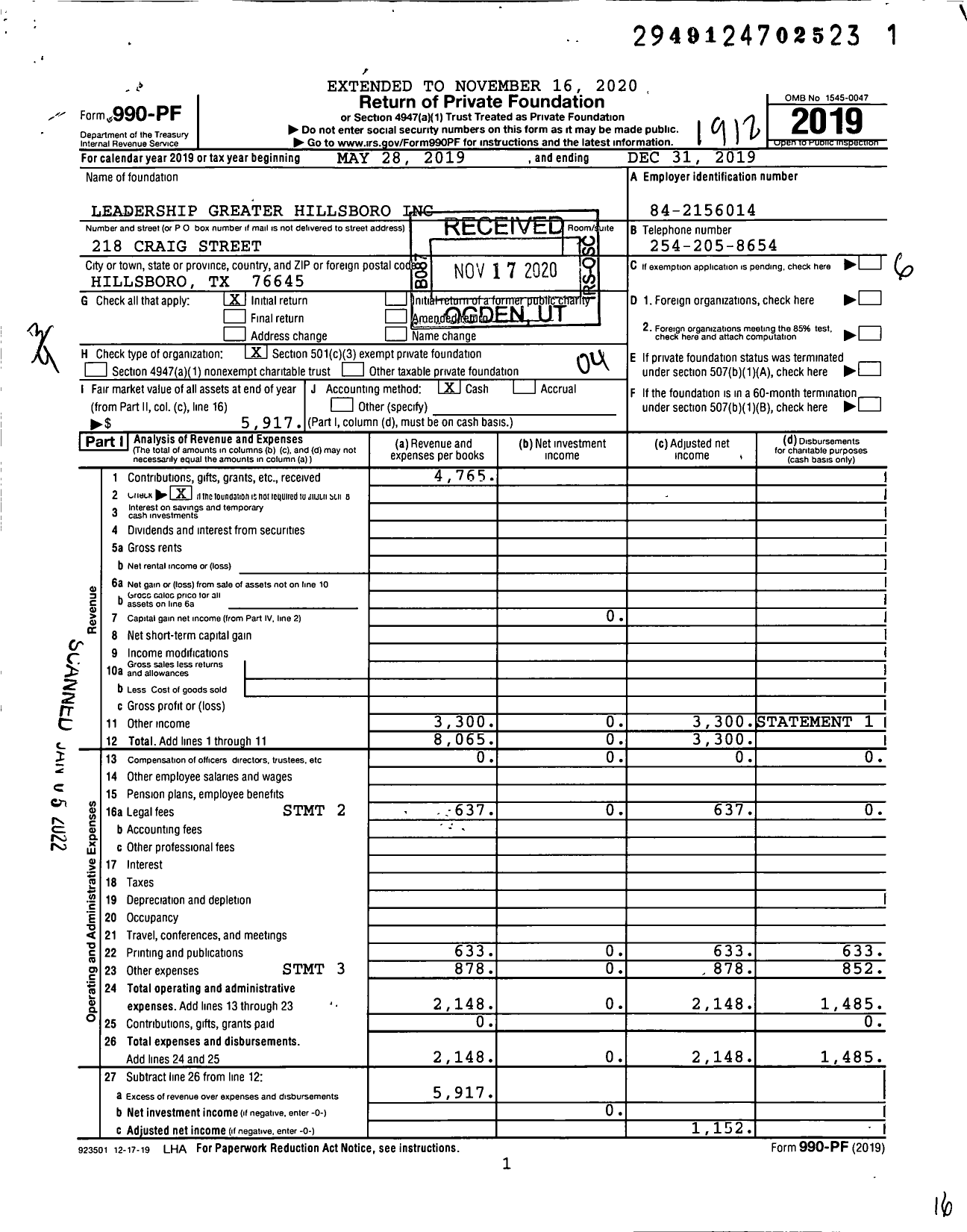 Image of first page of 2019 Form 990PF for Leadership Greater Hillsboro