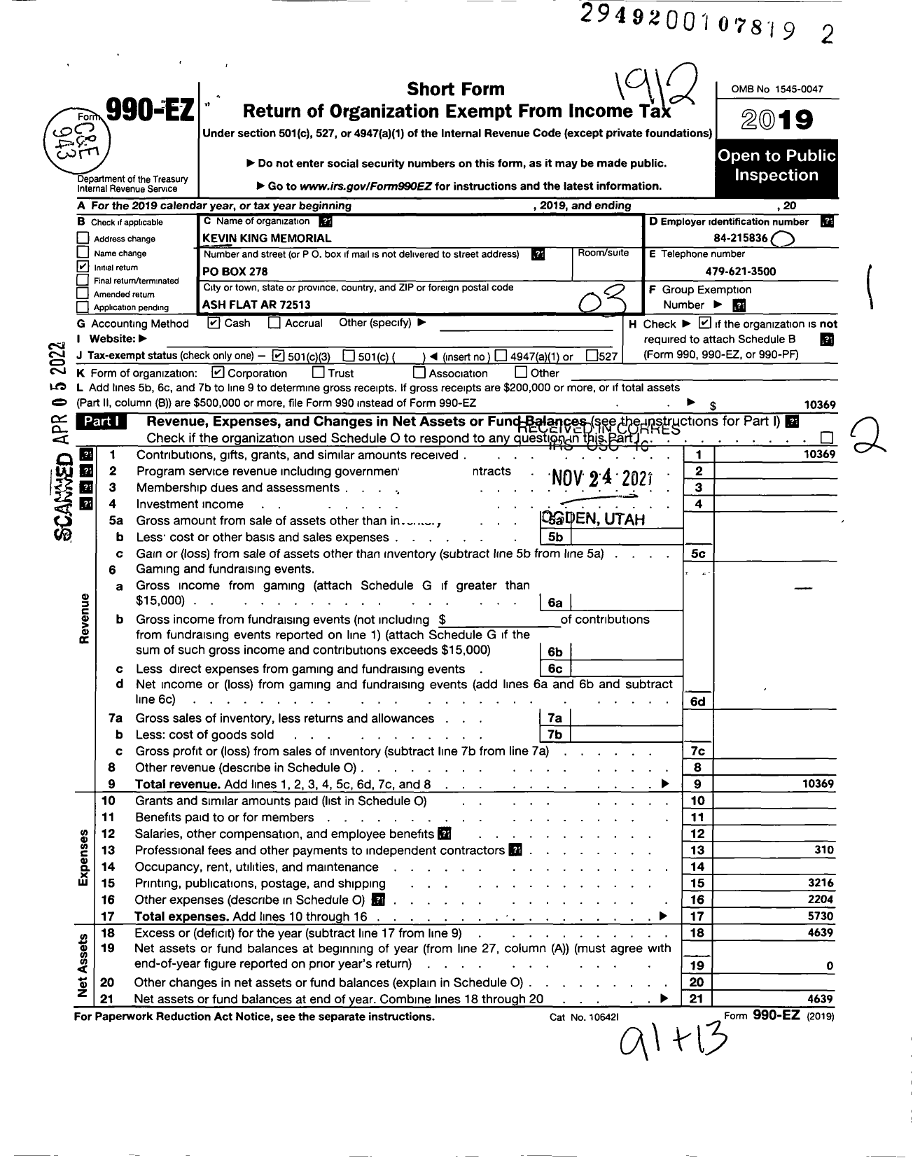 Image of first page of 2019 Form 990EZ for Kevin King Memorial