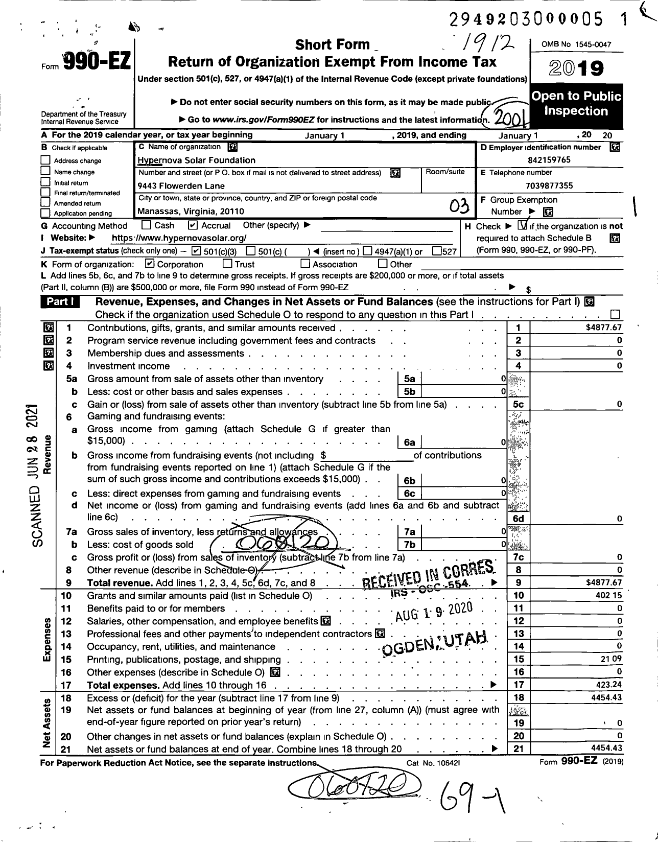 Image of first page of 2019 Form 990EZ for Hypernova Solar Foundation