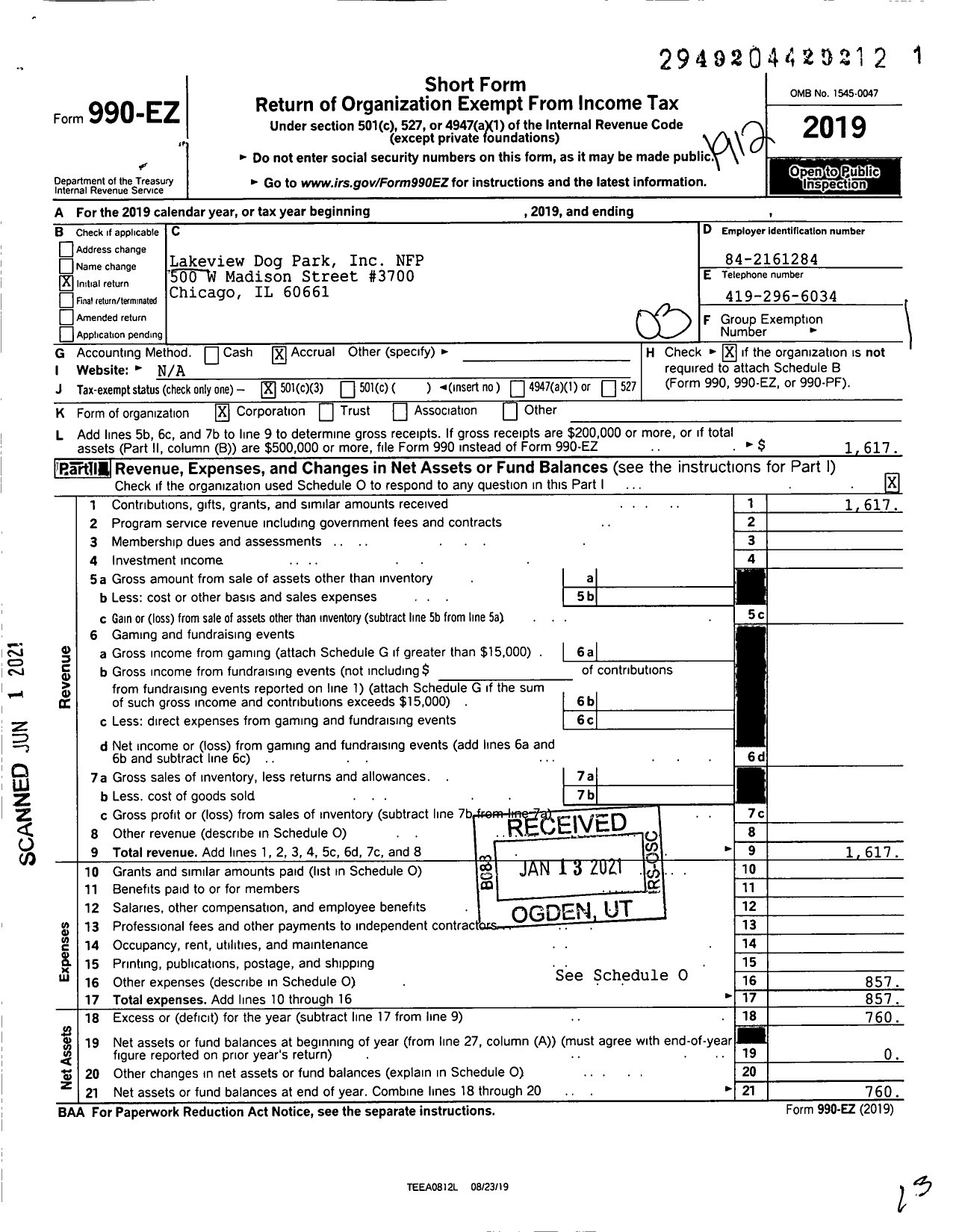 Image of first page of 2019 Form 990EZ for Lakeview Dog Park NFP