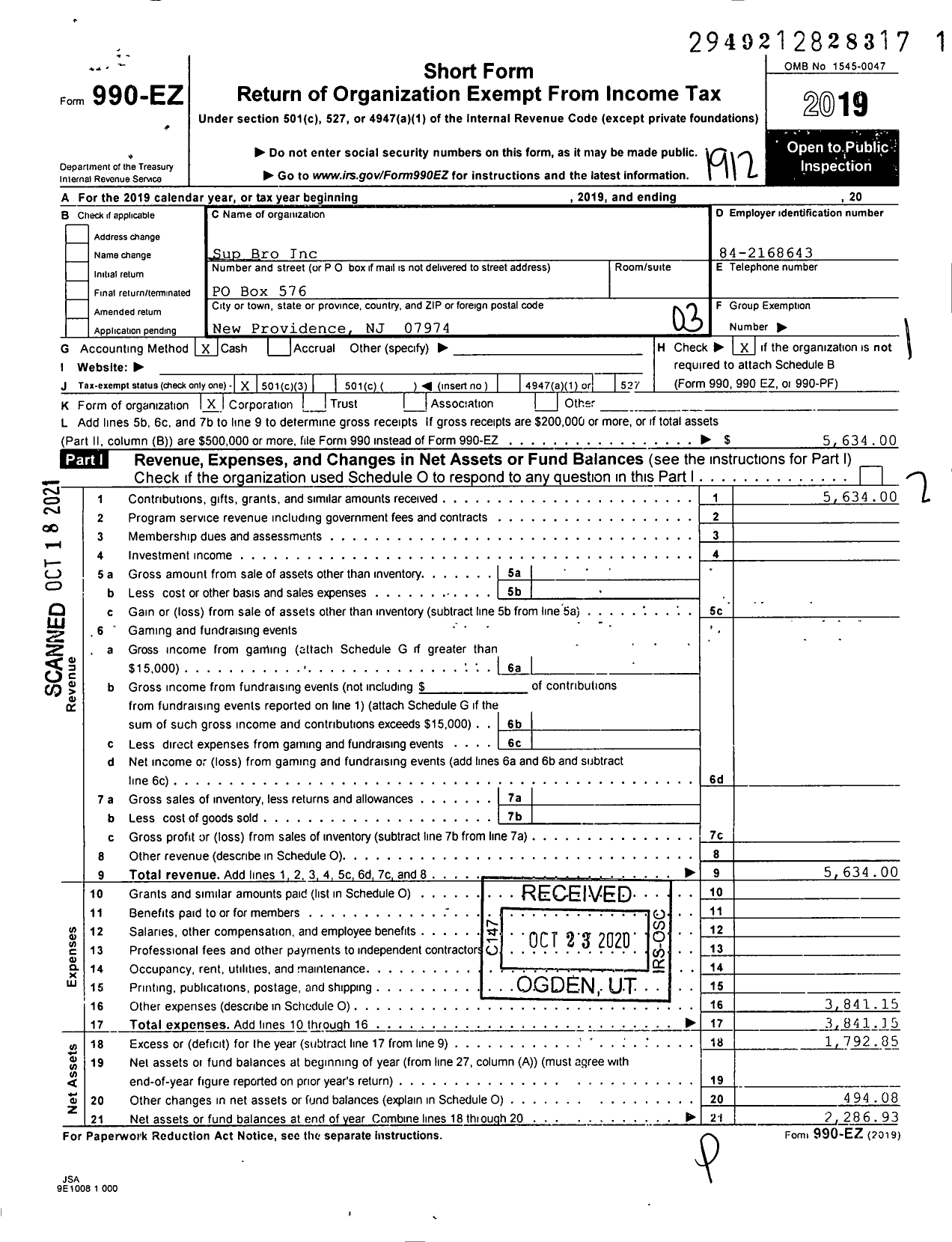 Image of first page of 2019 Form 990EZ for Sup Bro