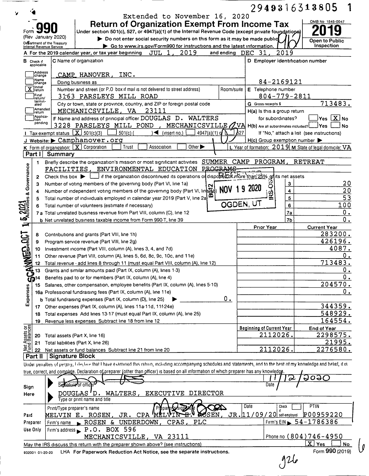 Image of first page of 2019 Form 990 for Camp Hanover