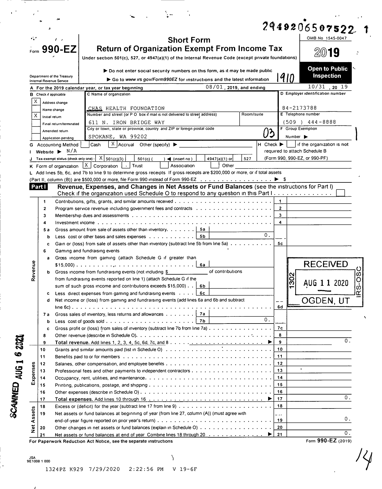 Image of first page of 2018 Form 990EZ for CHAS Health Foundation