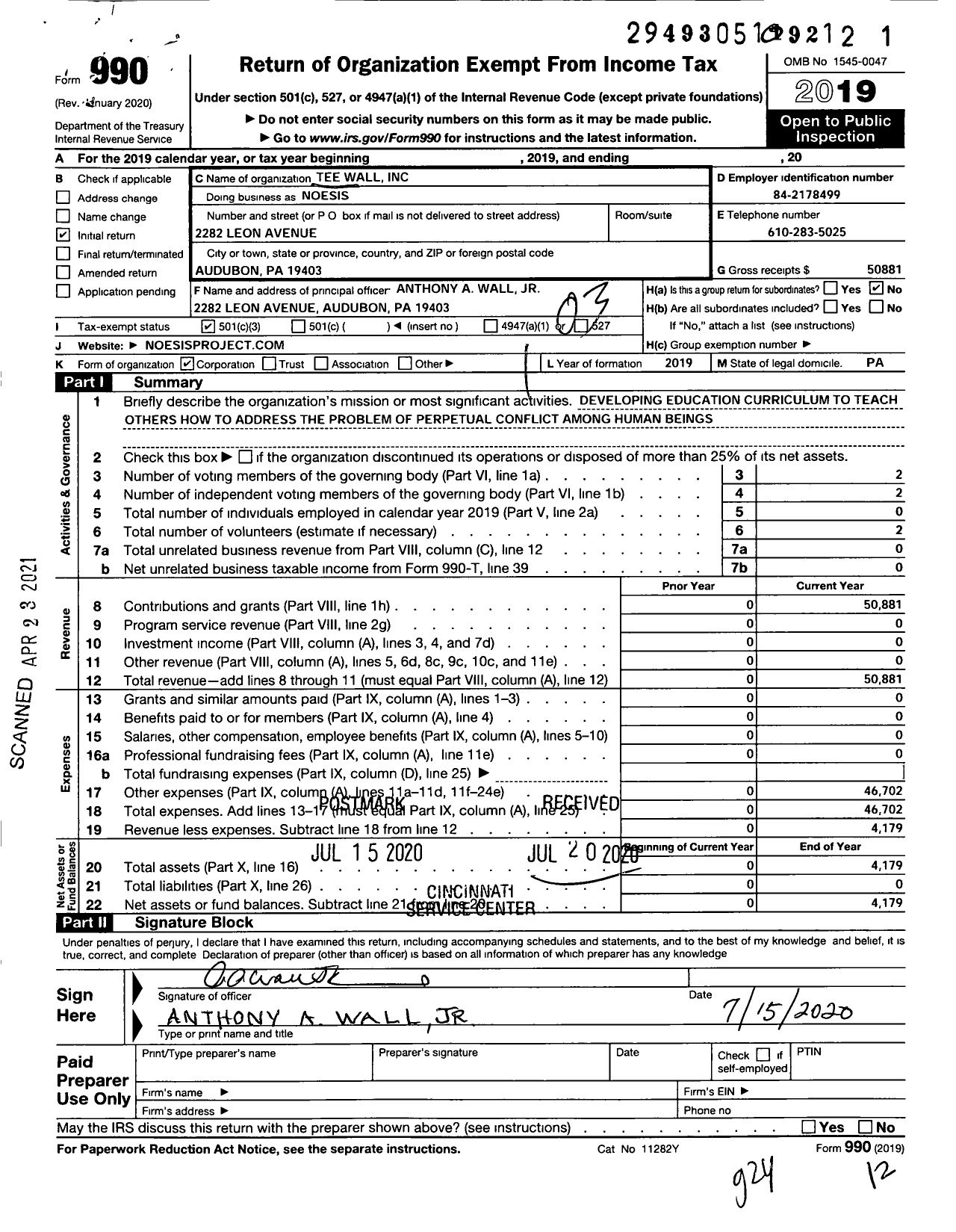 Image of first page of 2019 Form 990 for Tee Wall