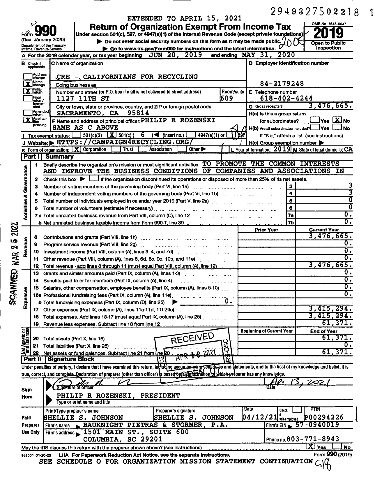 Image of first page of 2019 Form 990O for Californians for Recycling