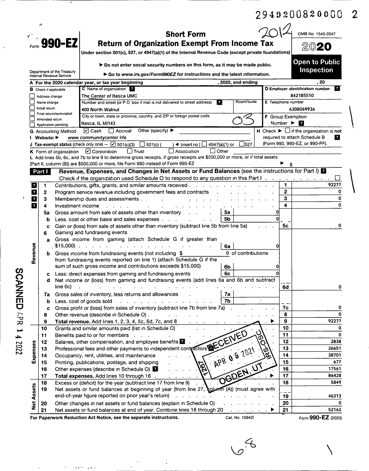 Image of first page of 2020 Form 990EZ for The Center / Center of Itasca Umc