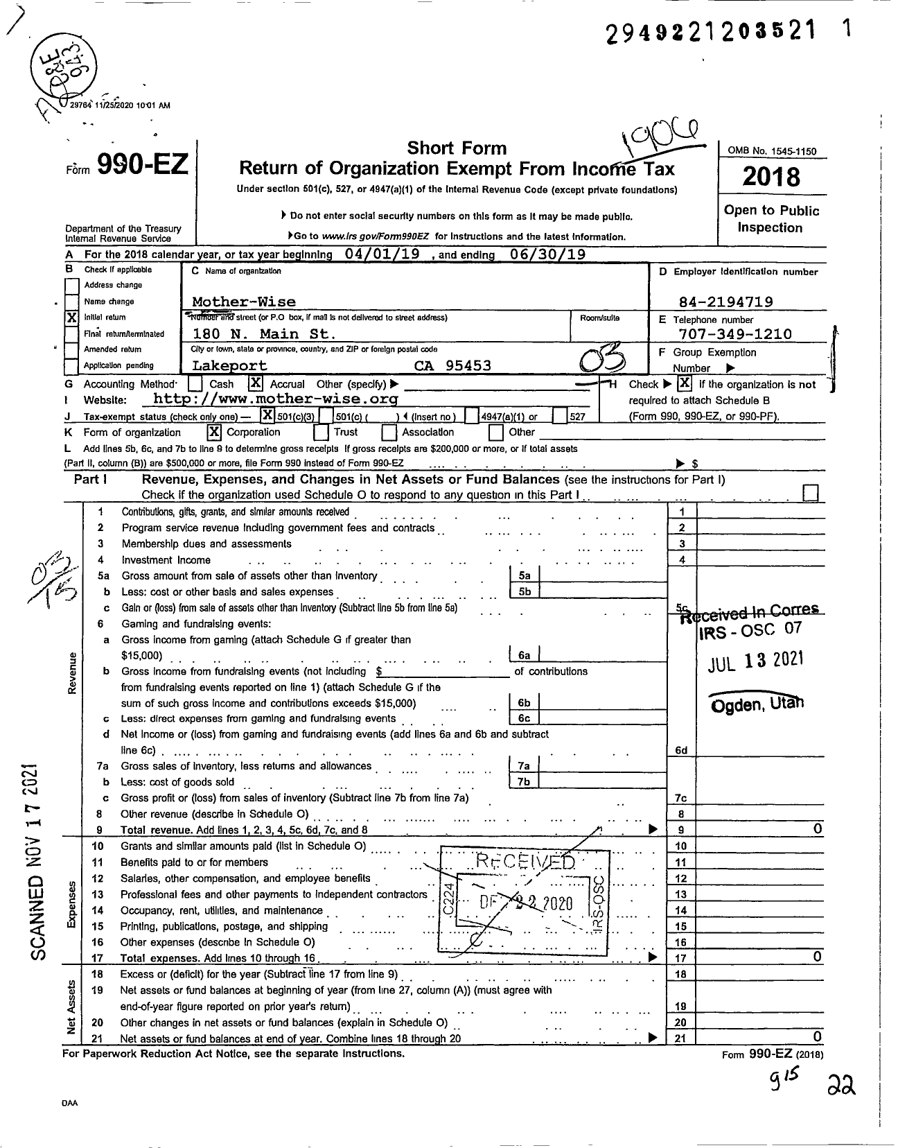 Image of first page of 2018 Form 990EZ for Mother-Wise