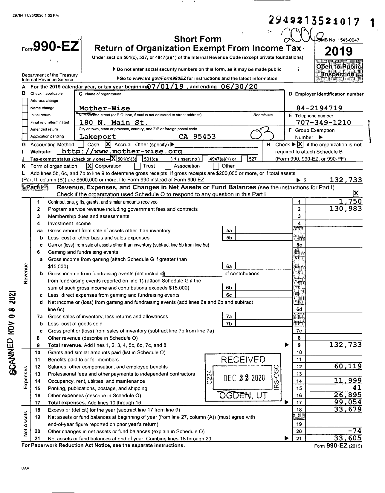 Image of first page of 2019 Form 990EZ for Mother-Wise