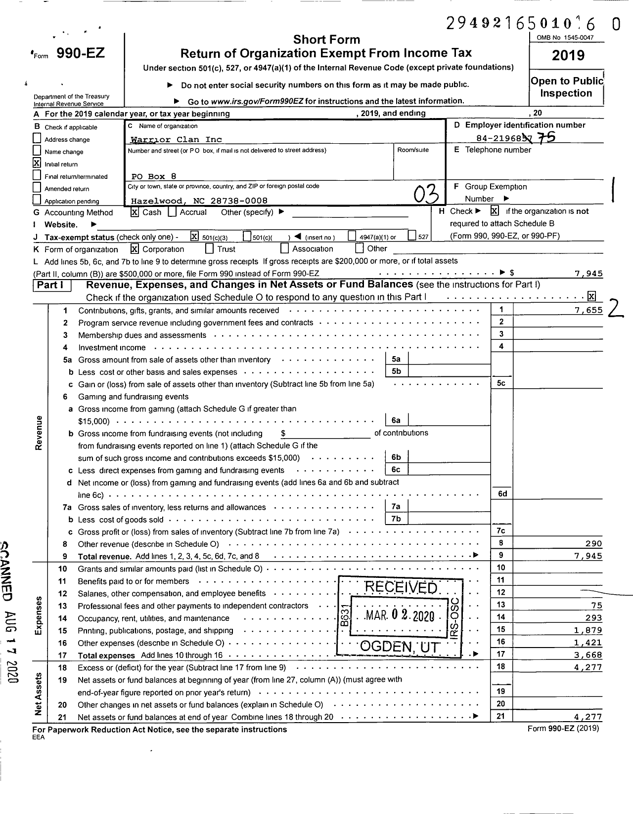 Image of first page of 2019 Form 990EZ for Warrior Clan