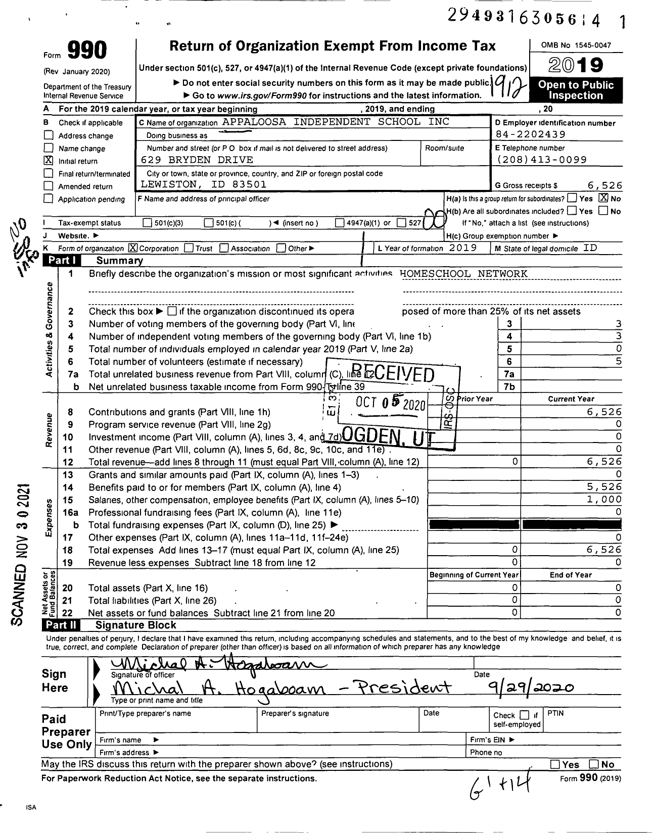 Image of first page of 2019 Form 990O for Appaloosa Independent School