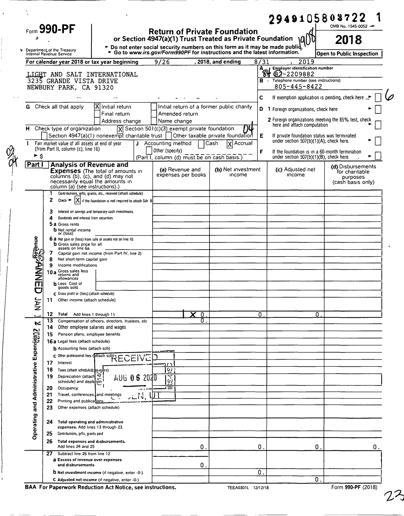 Image of first page of 2018 Form 990PF for Light and Salt International