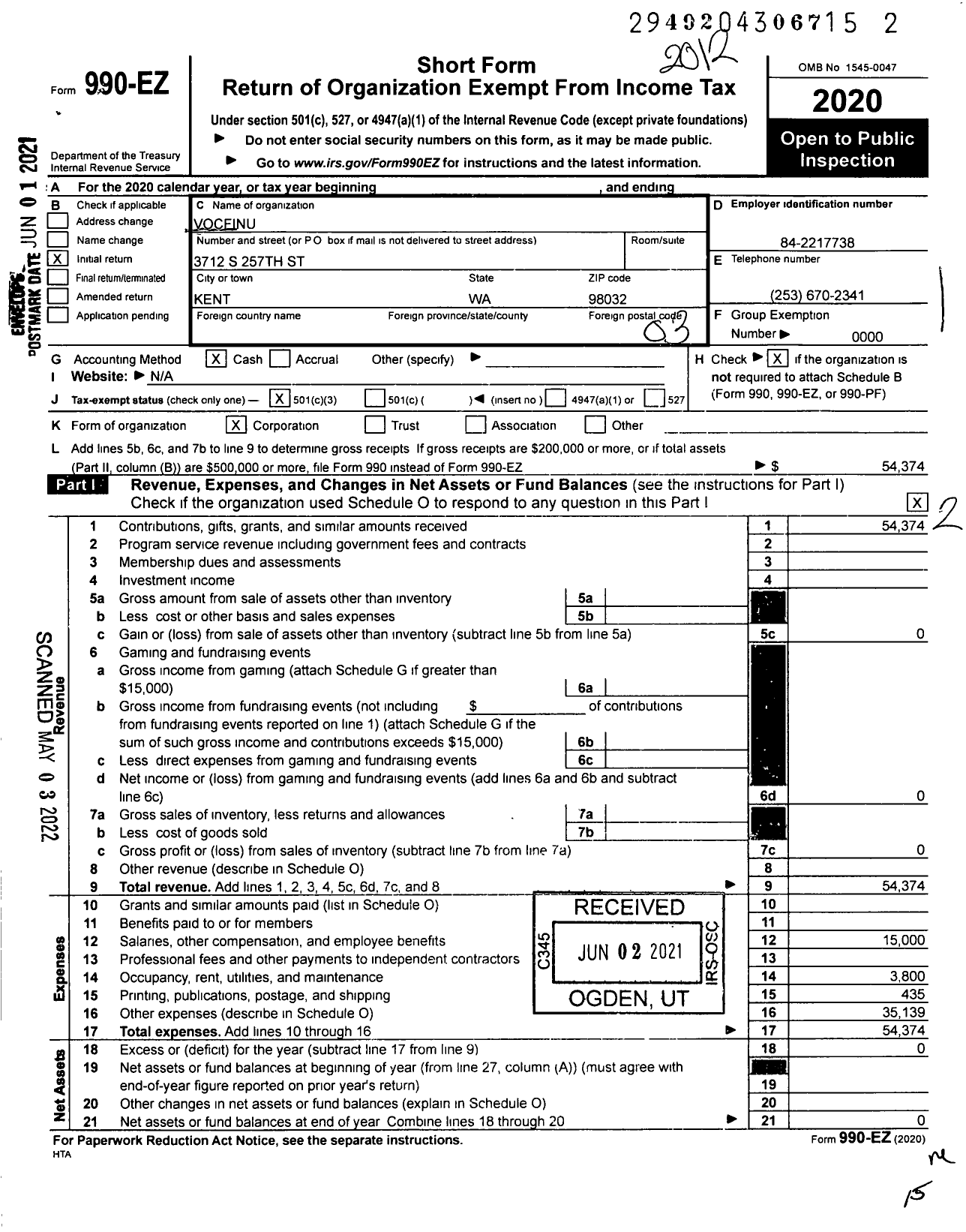 Image of first page of 2020 Form 990EZ for Vocfinu