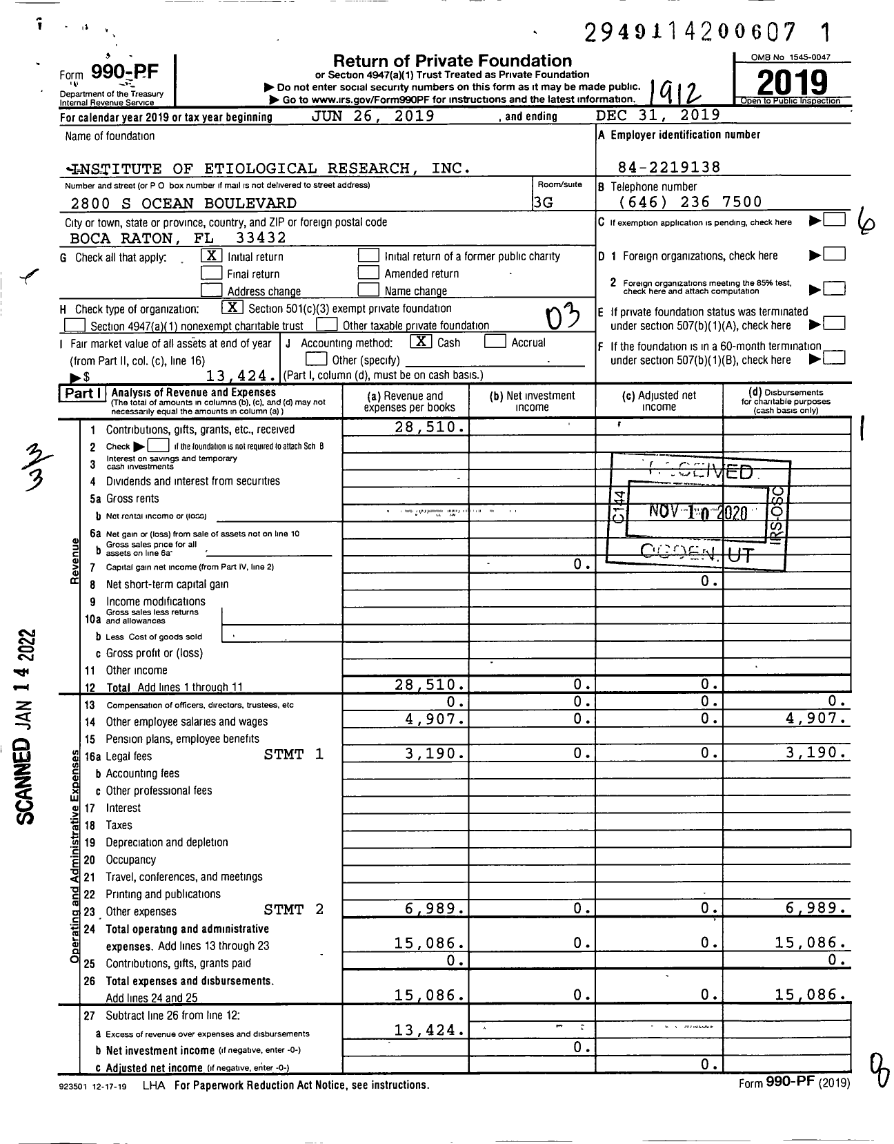 Image of first page of 2019 Form 990PF for Institute of Etiological Research