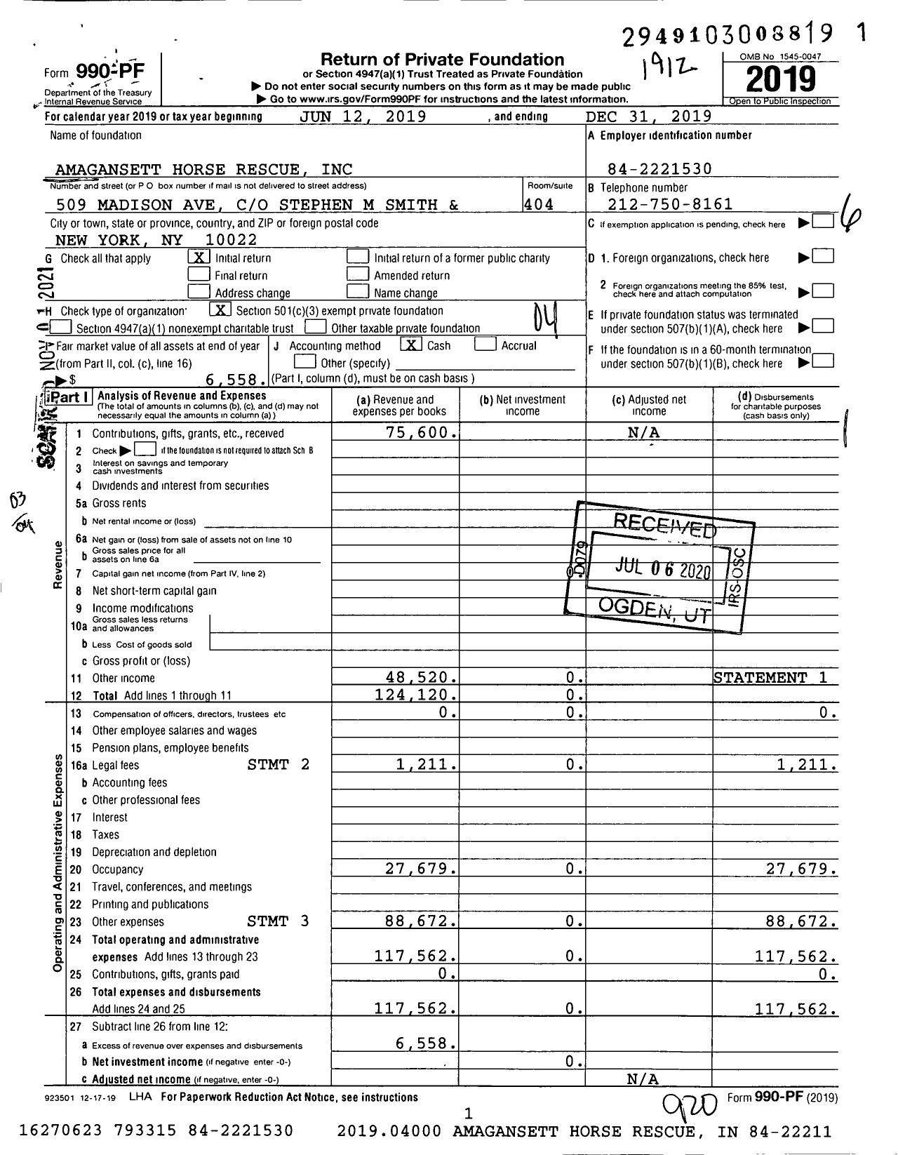 Image of first page of 2019 Form 990PF for Amagansett Horse Rescue