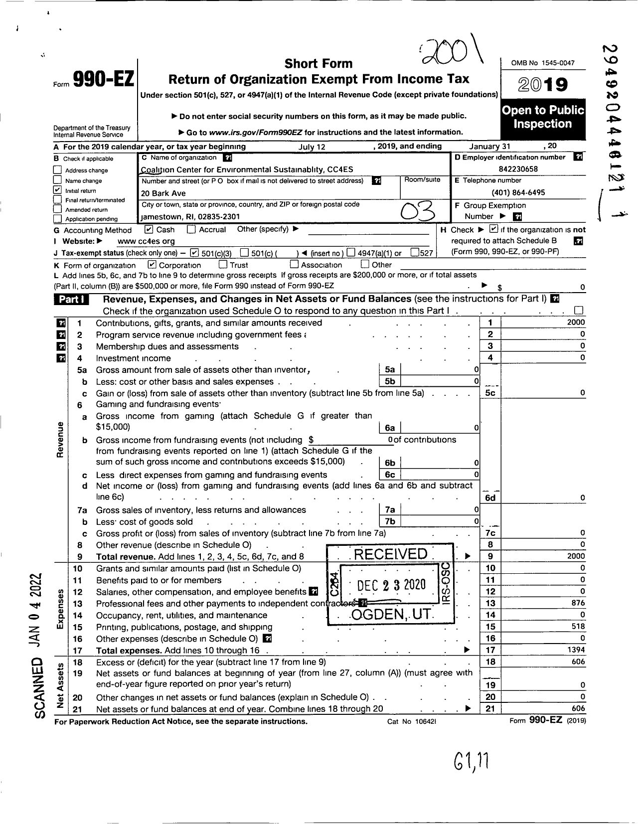Image of first page of 2019 Form 990EZ for Coalition Center for Environmental Sustainability (CC4ES)