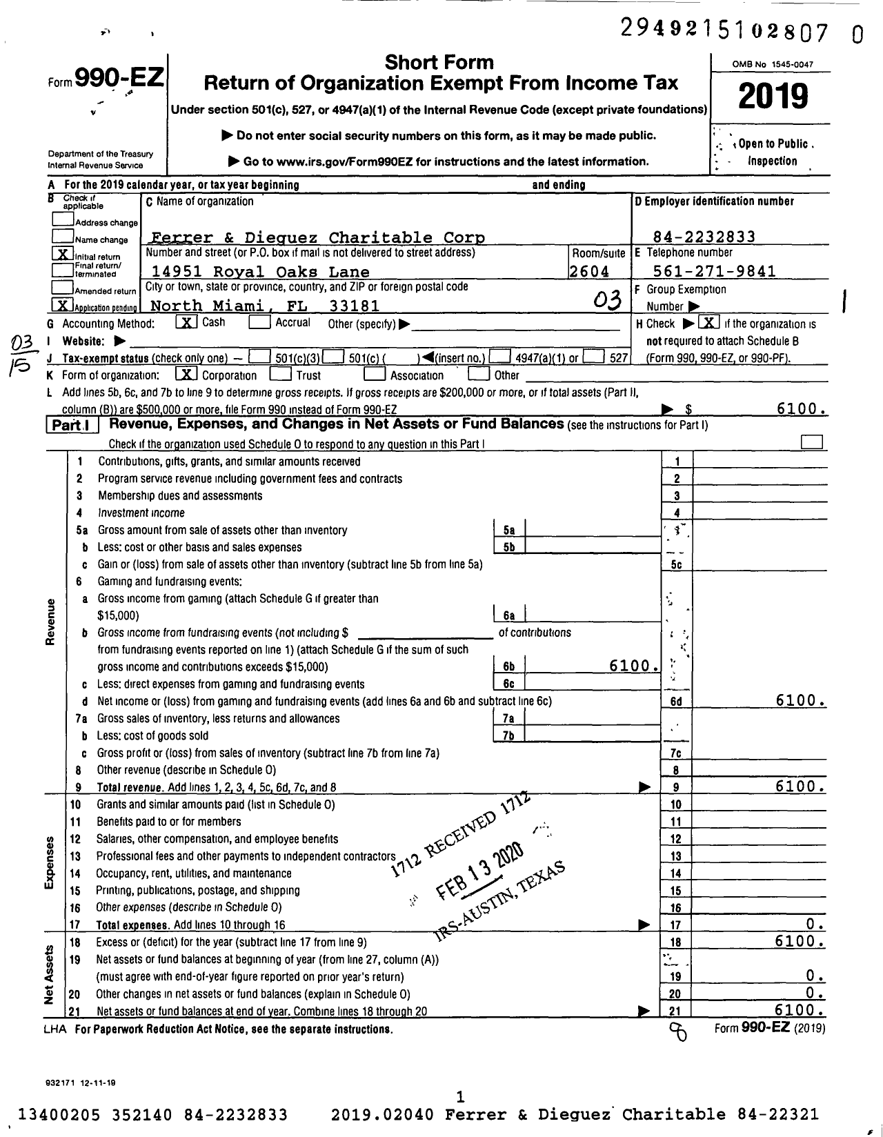 Image of first page of 2019 Form 990EZ for Ferrer and Dieguez Charitable Corporation