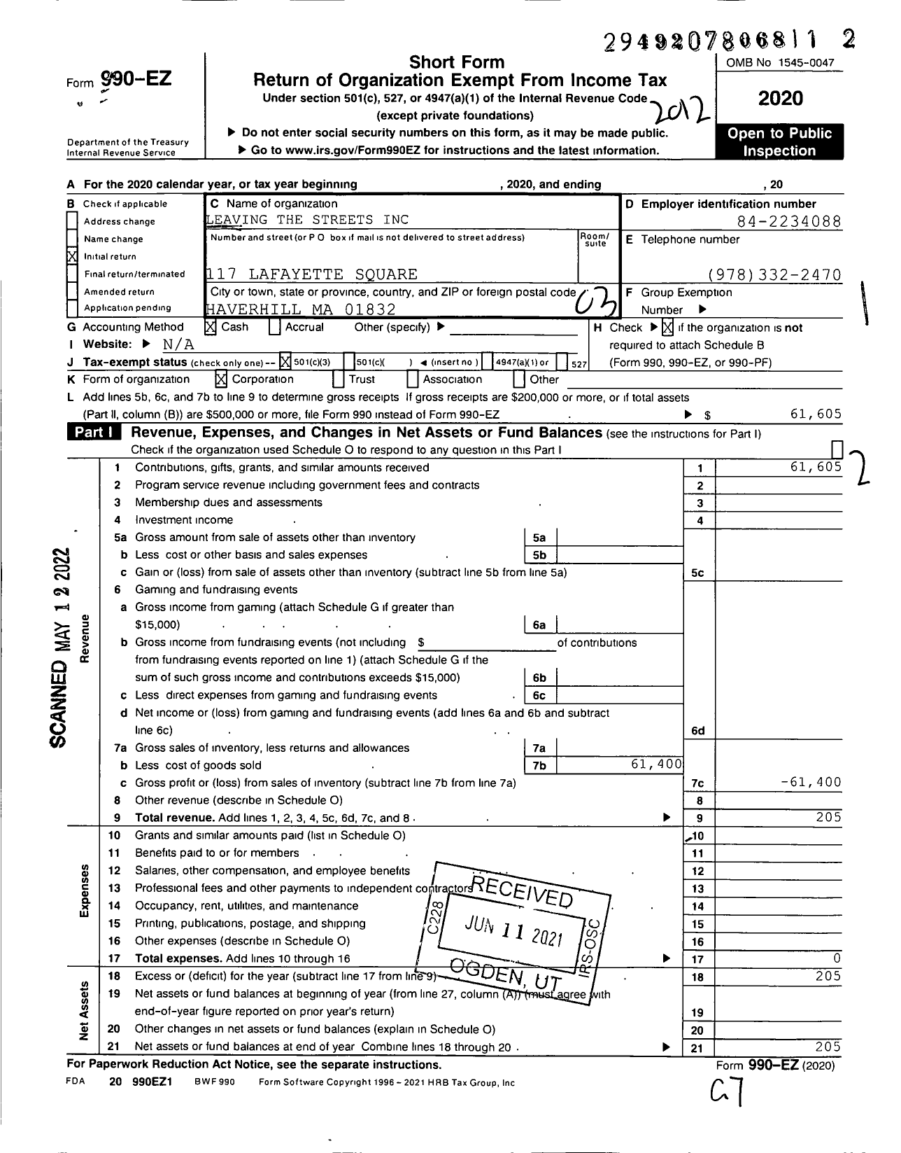 Image of first page of 2020 Form 990EZ for Leaving the Streets Ministries