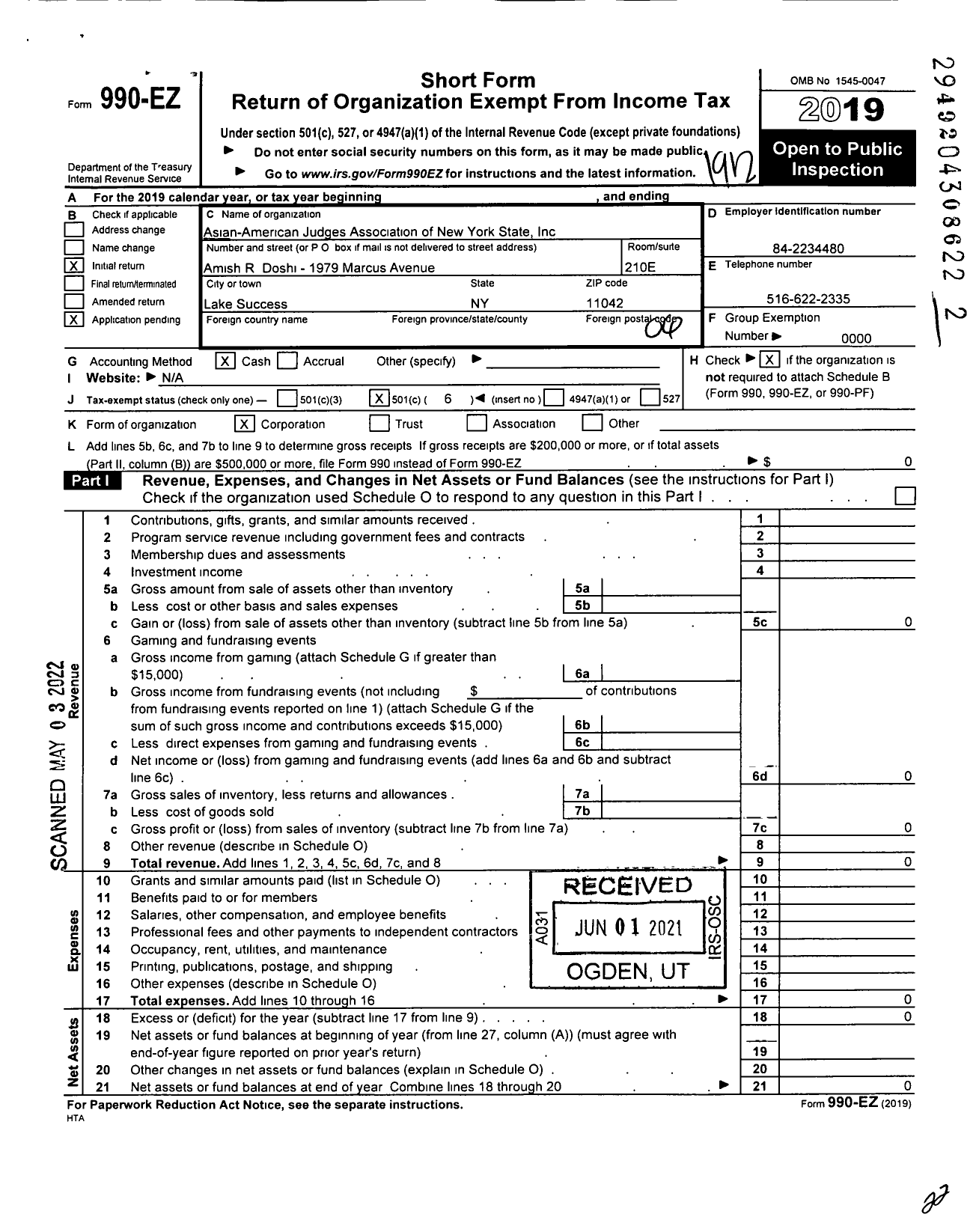 Image of first page of 2019 Form 990EO for Asian-American Judges Association of New York State