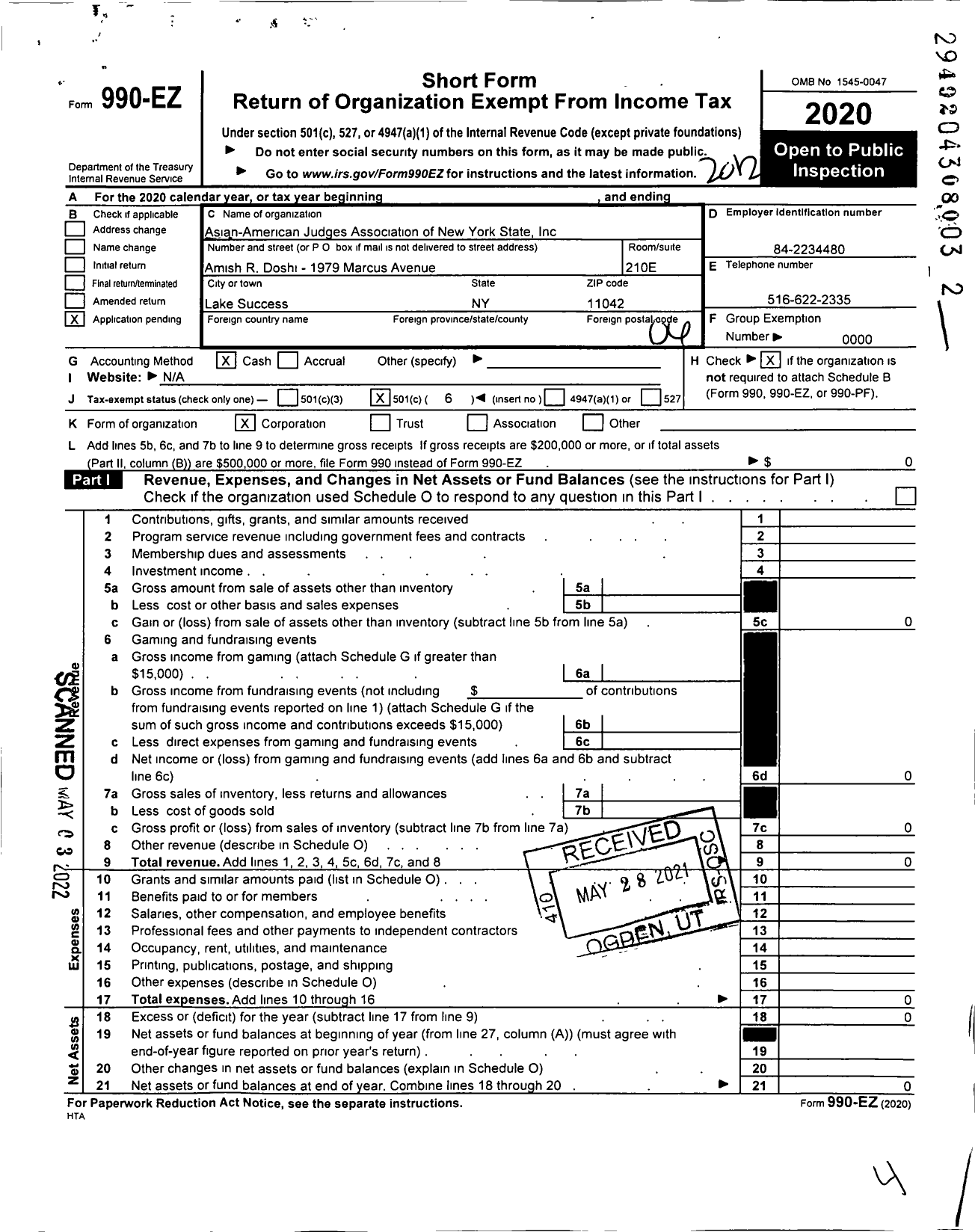 Image of first page of 2020 Form 990EO for Asian-American Judges Association of New York State