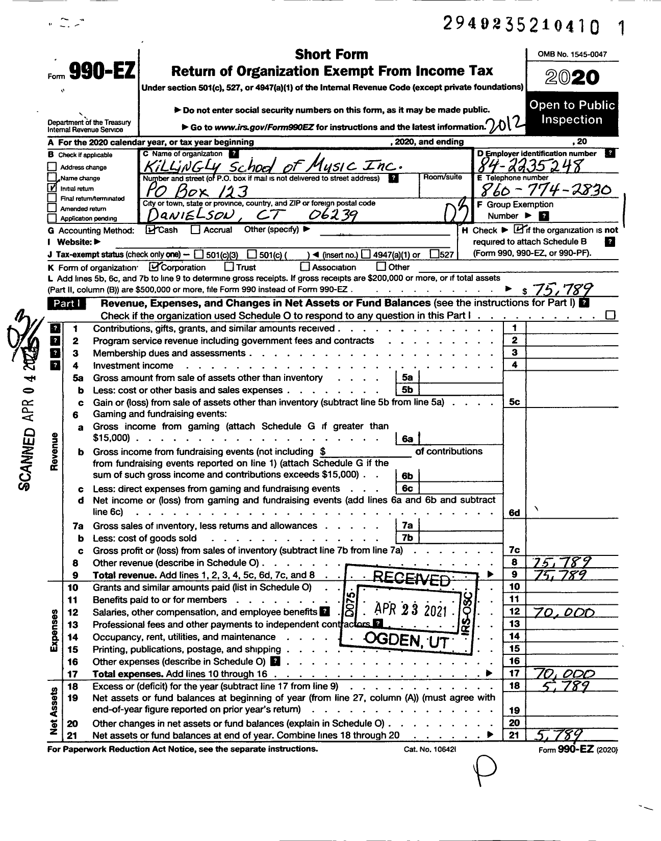 Image of first page of 2020 Form 990EZ for Killingly School of Music