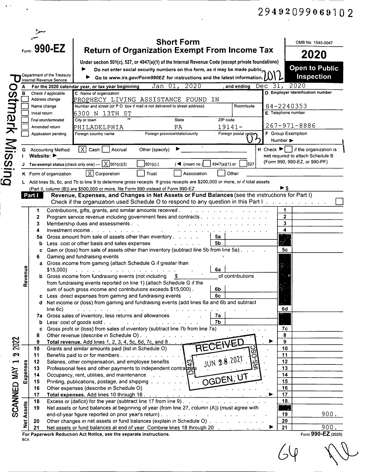 Image of first page of 2020 Form 990EZ for Prophecy Living Assistance Found in