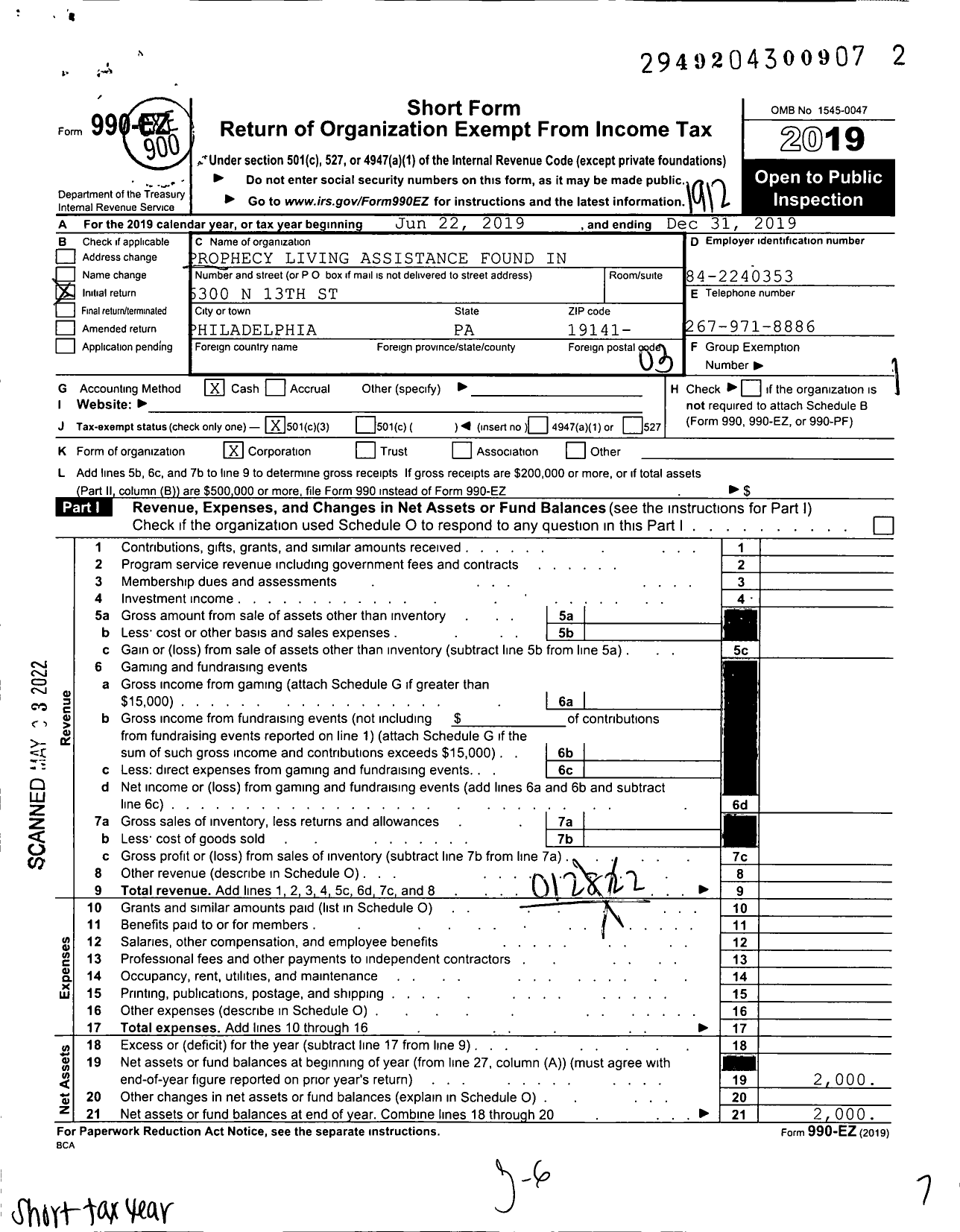 Image of first page of 2019 Form 990EZ for Prophecy Living Assistance Found in