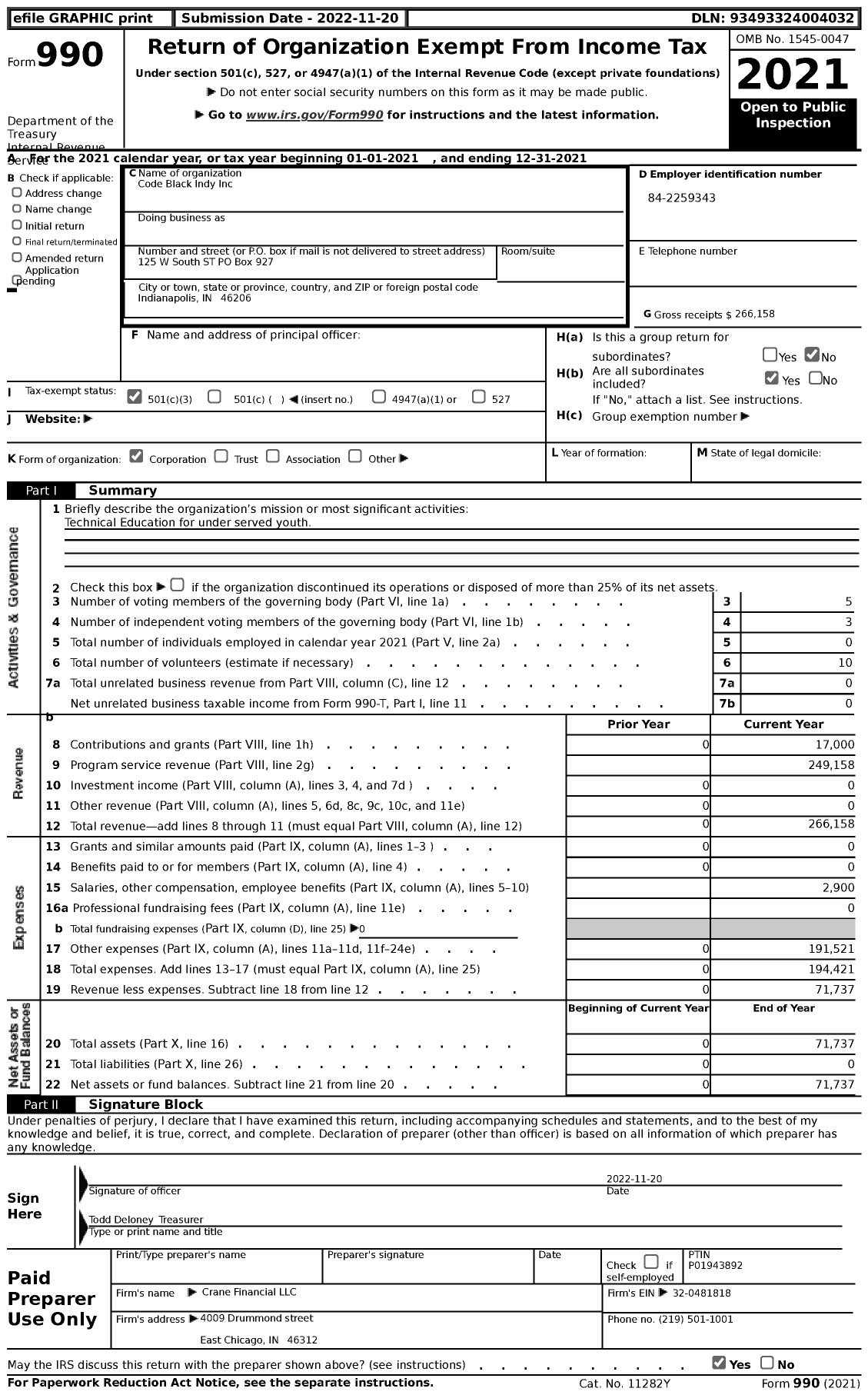 Image of first page of 2021 Form 990 for Code Black Indy