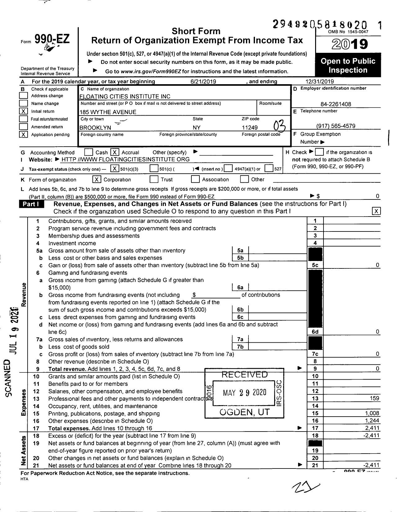 Image of first page of 2019 Form 990EZ for Floating Cities Institute