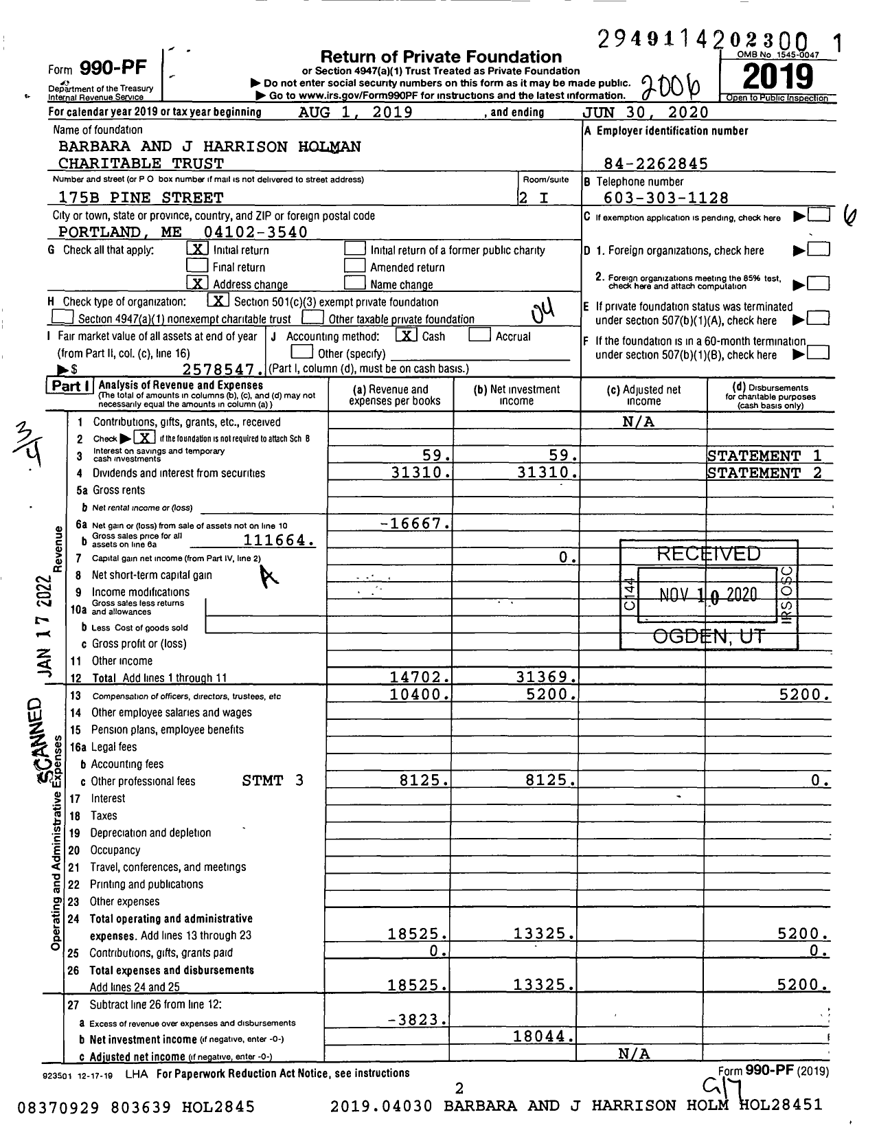 Image of first page of 2019 Form 990PF for Barbara and J Harrison Holman Charitable Trust