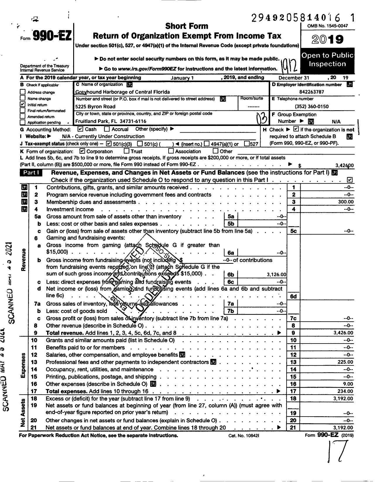 Image of first page of 2019 Form 990EZ for Greyhound Harborage of Central Florida