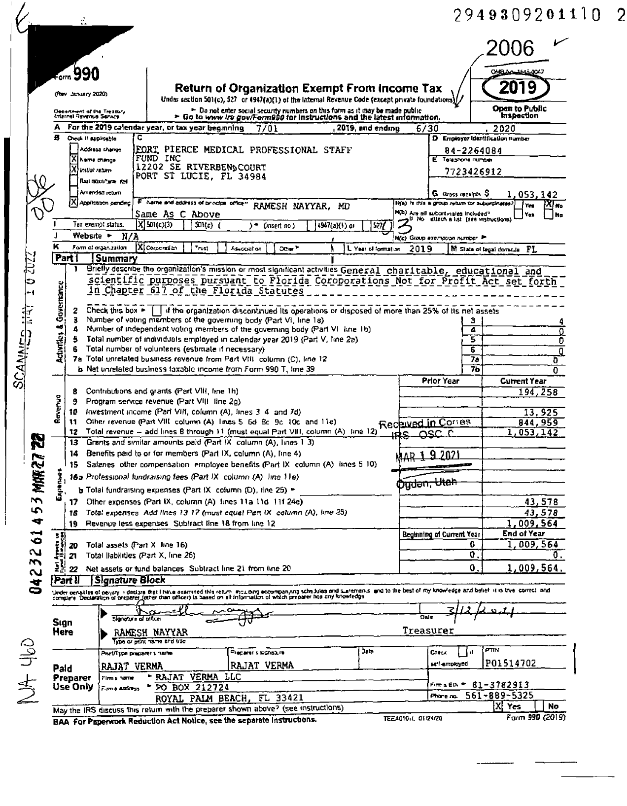 Image of first page of 2019 Form 990O for Fort Pierce Medical Professional Staff Fund