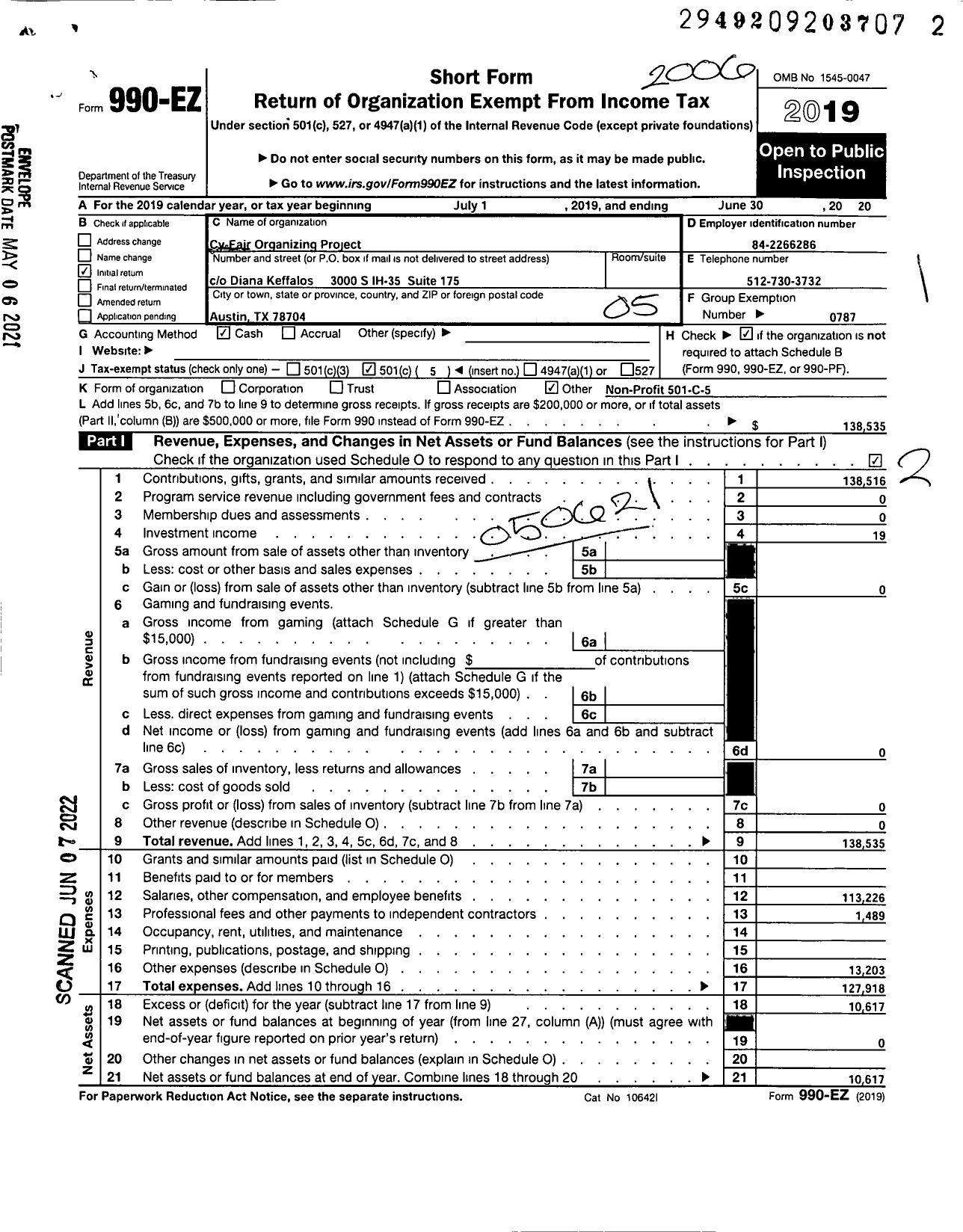 Image of first page of 2019 Form 990EO for AMERICAN FEDERATION OF TEACHERS - Cy-Fair Organizing Project