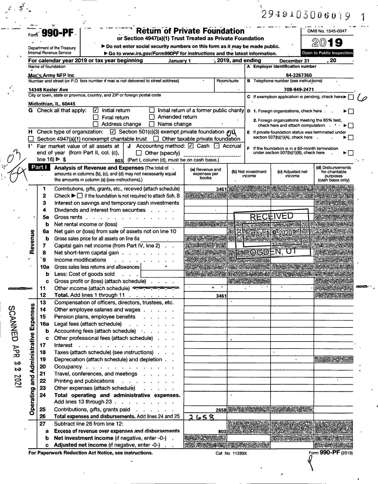 Image of first page of 2019 Form 990PF for Macs Army NFP