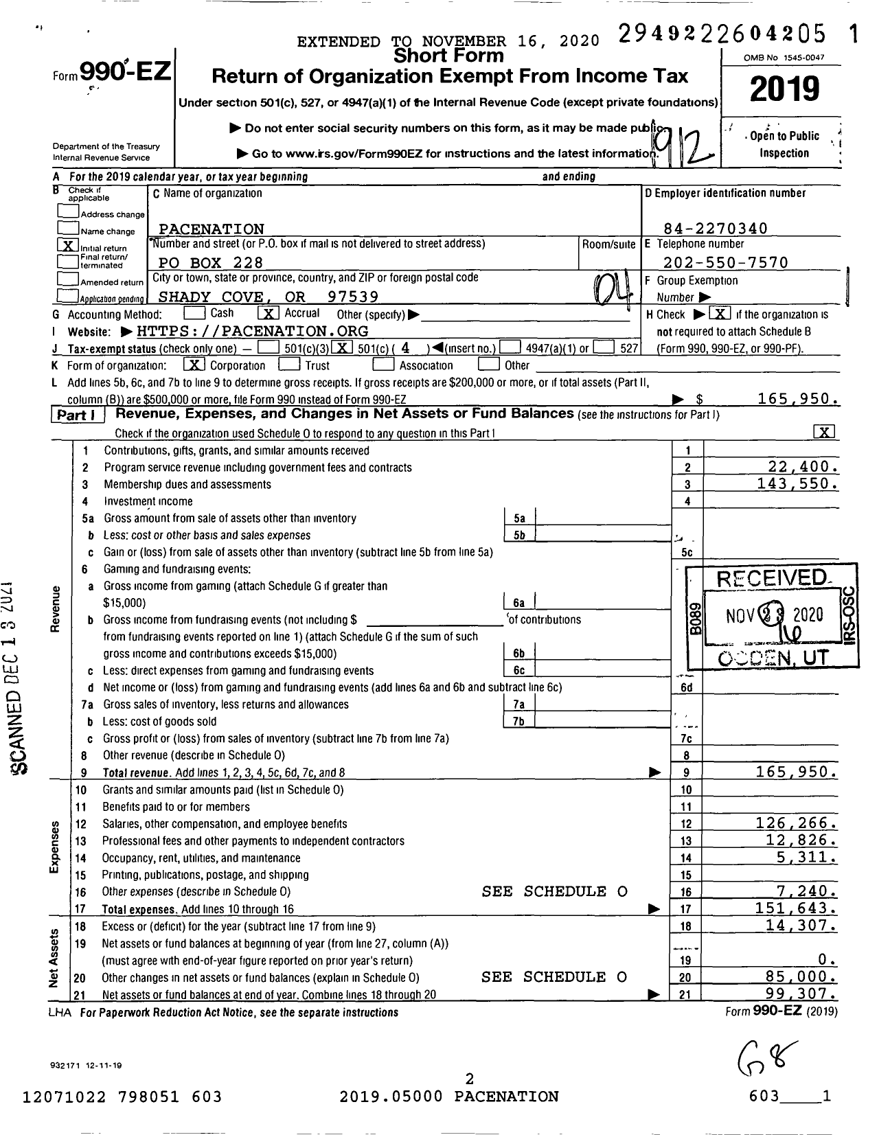 Image of first page of 2019 Form 990EO for Pacenation