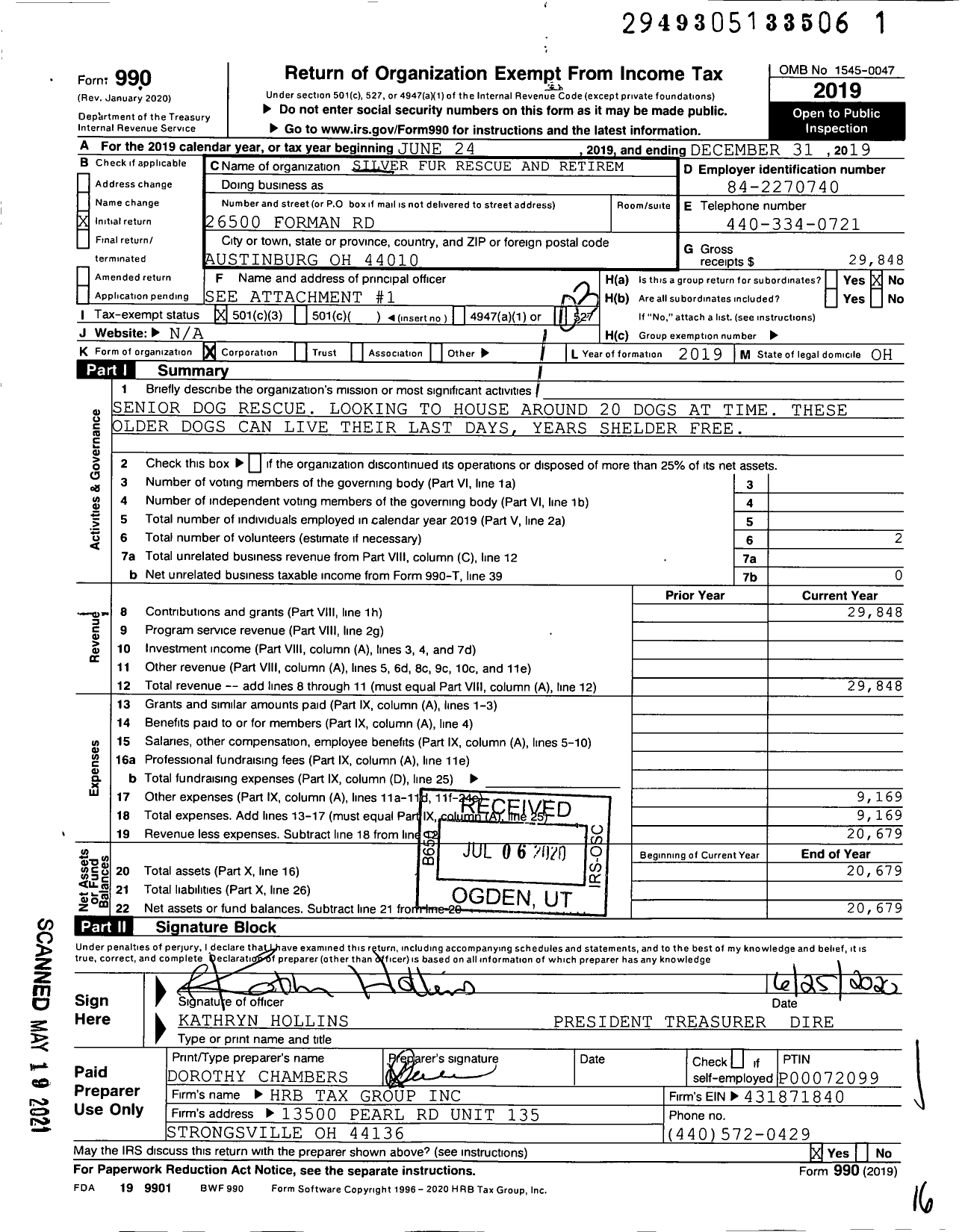 Image of first page of 2019 Form 990 for Silver Fur K9 Rescue and Retirement