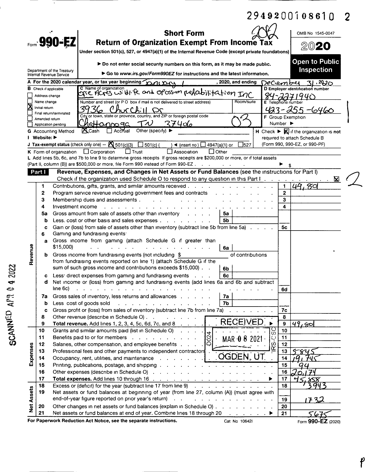 Image of first page of 2020 Form 990EZ for Opie Acres Wildlife and Opossum Rehabilitation