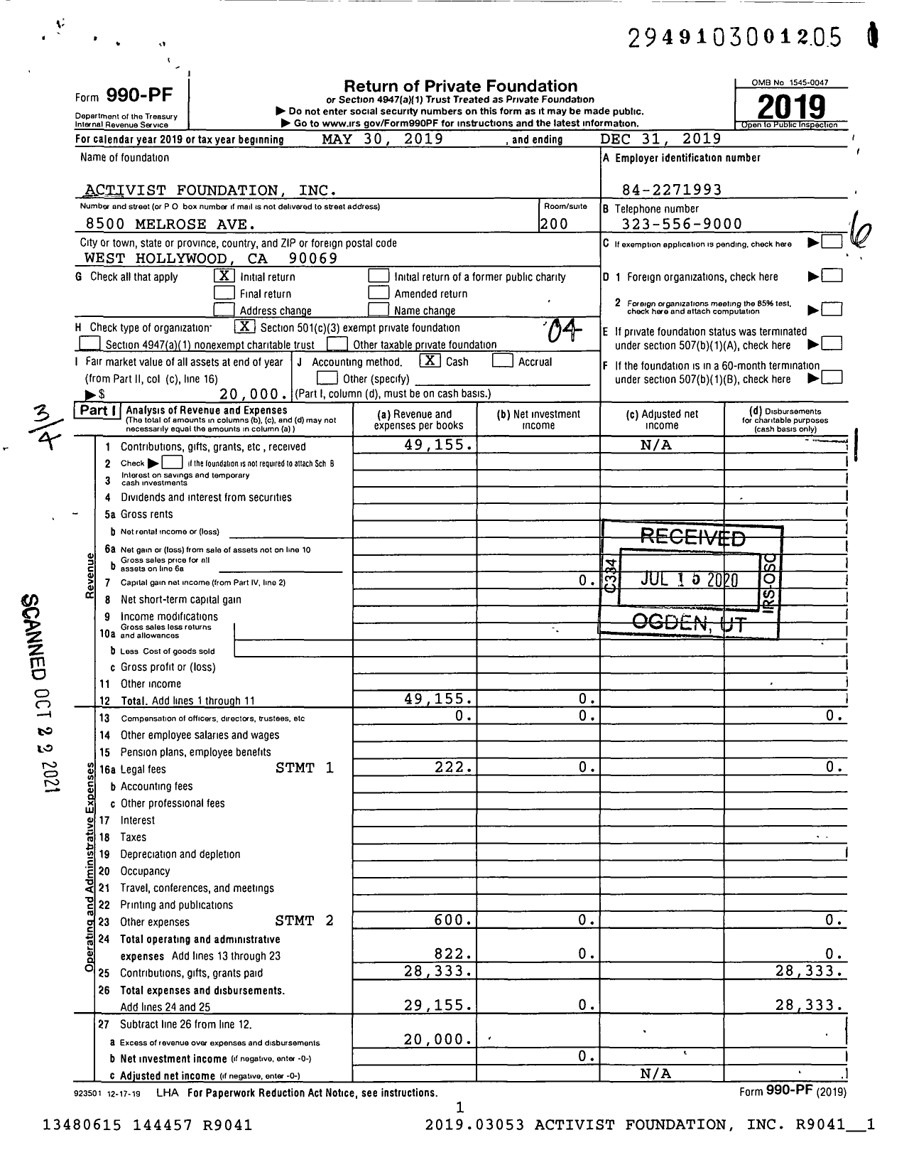 Image of first page of 2019 Form 990PF for Activist Foundation