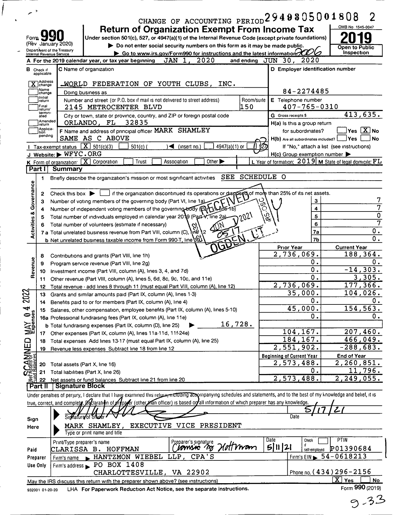 Image of first page of 2019 Form 990 for World Federation of Youth Clubs