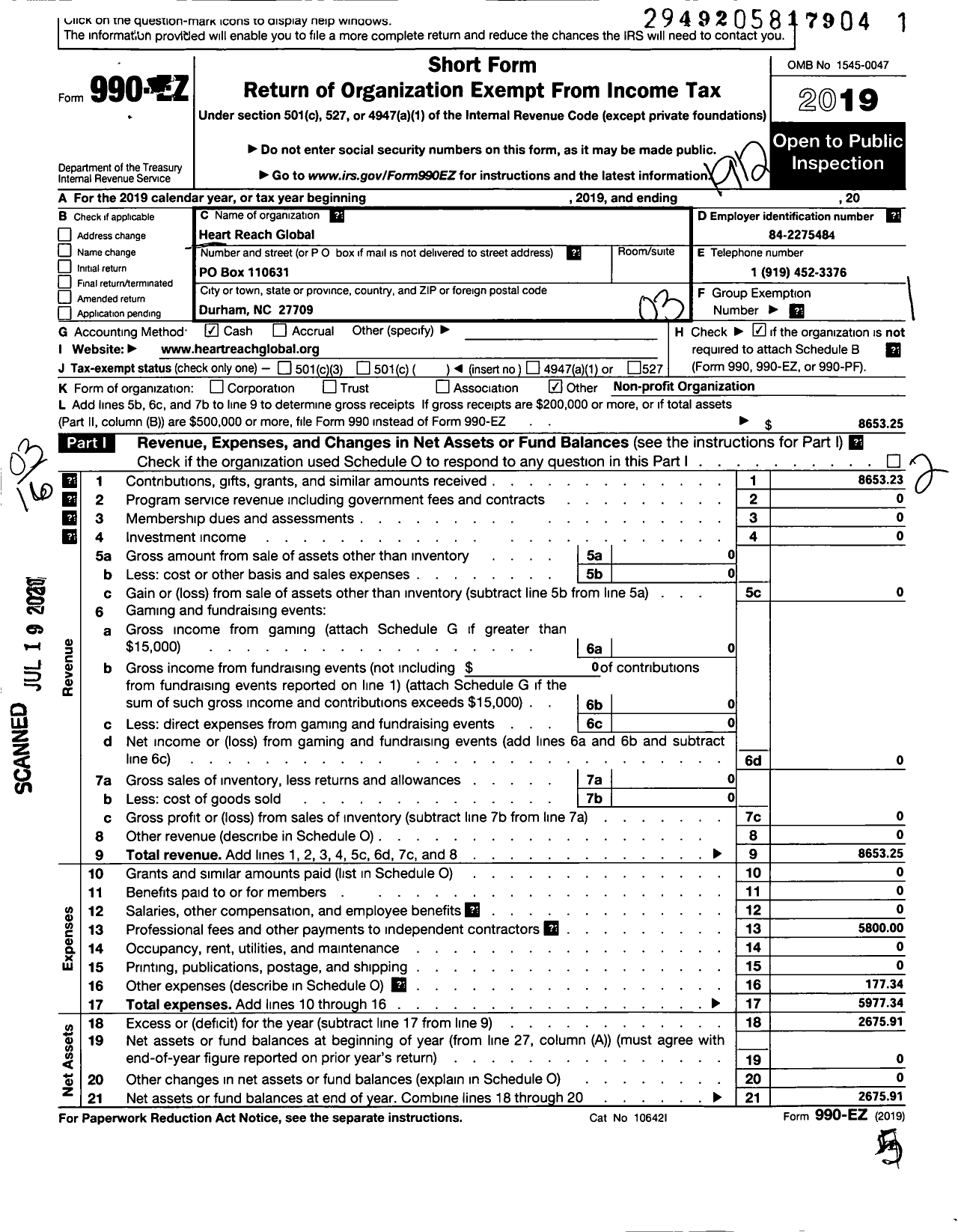 Image of first page of 2019 Form 990EZ for Heart Reach Global