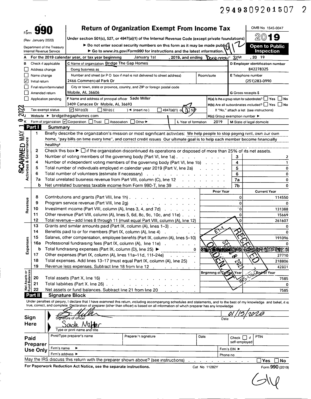 Image of first page of 2019 Form 990 for Bridge the Gap Homes