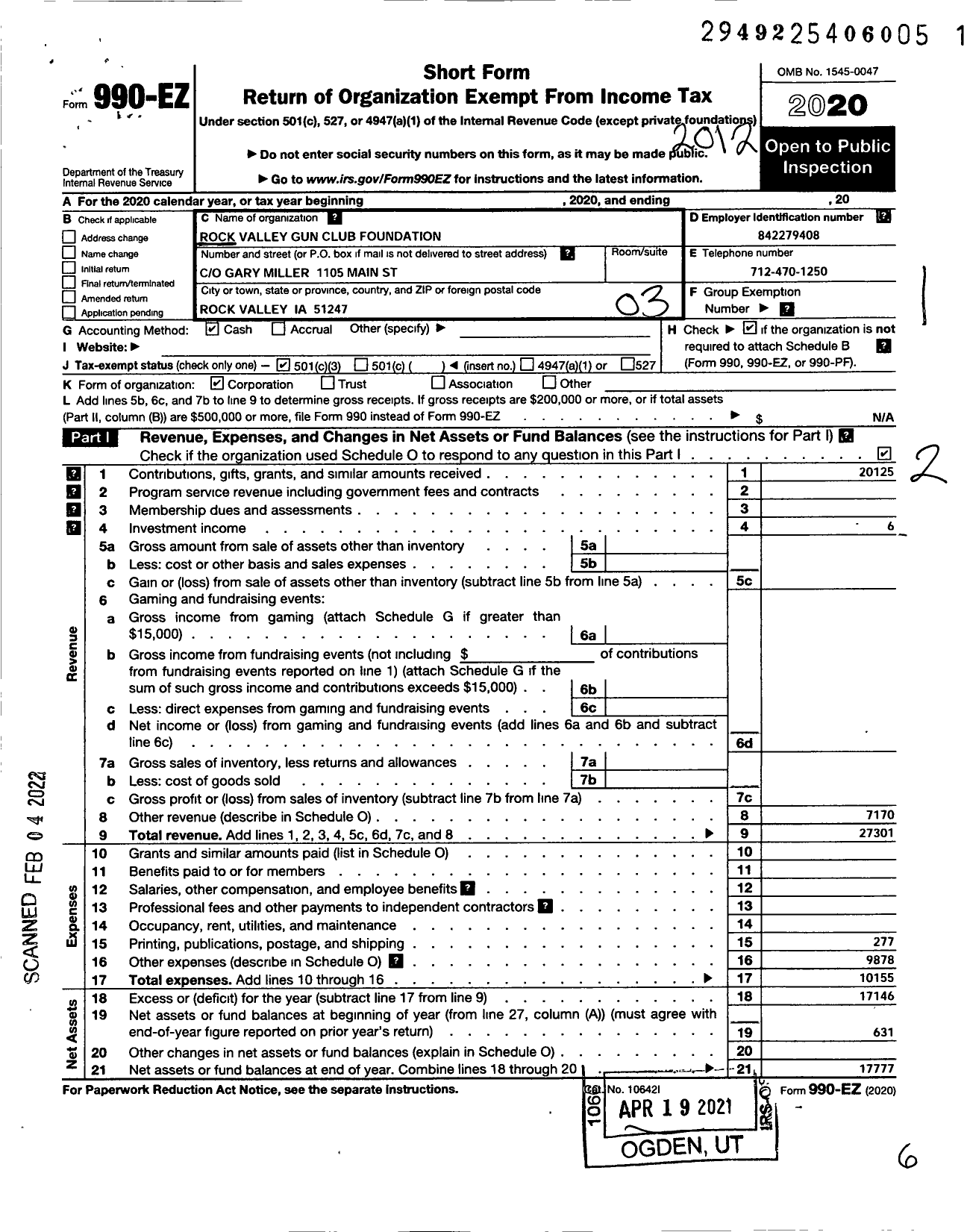 Image of first page of 2020 Form 990EZ for Rock Valley Gun Club Foundation