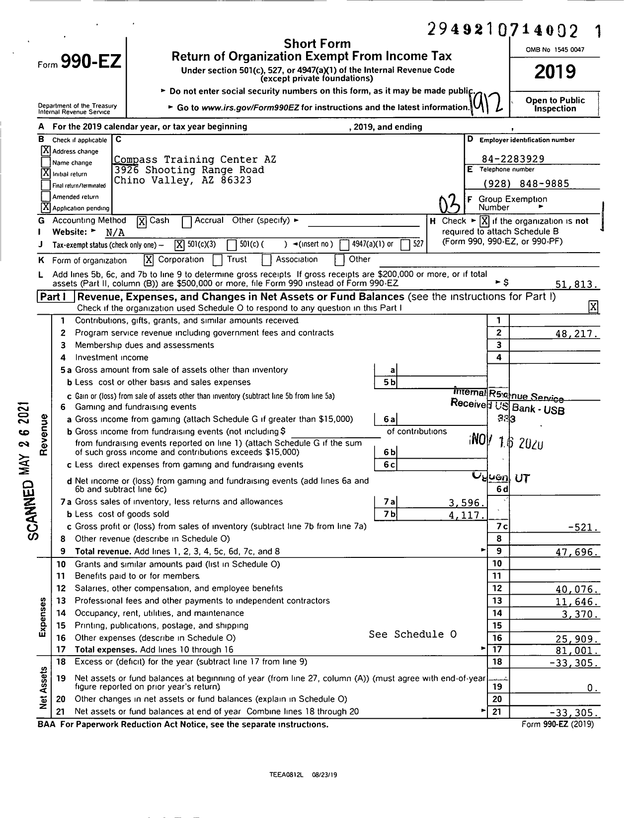 Image of first page of 2019 Form 990EZ for Compass Training Center Az