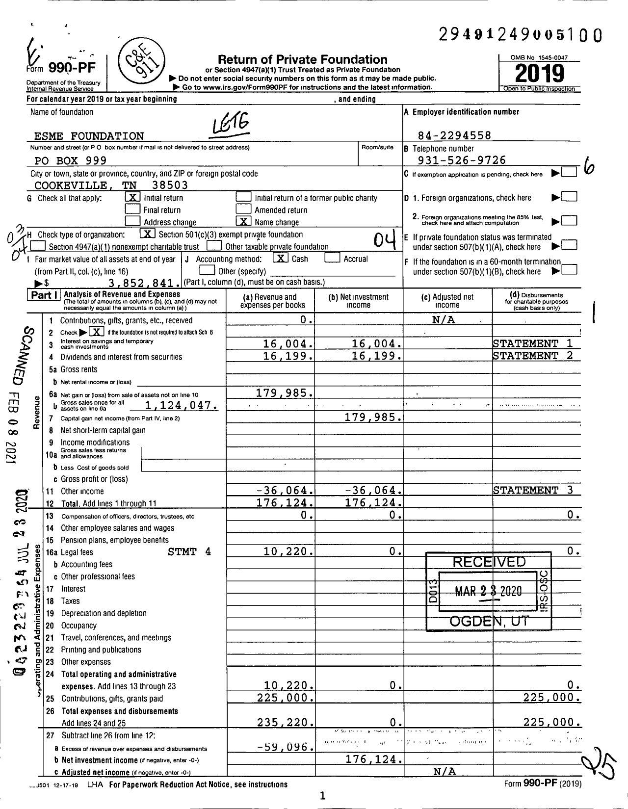 Image of first page of 2019 Form 990PF for Esme Foundation