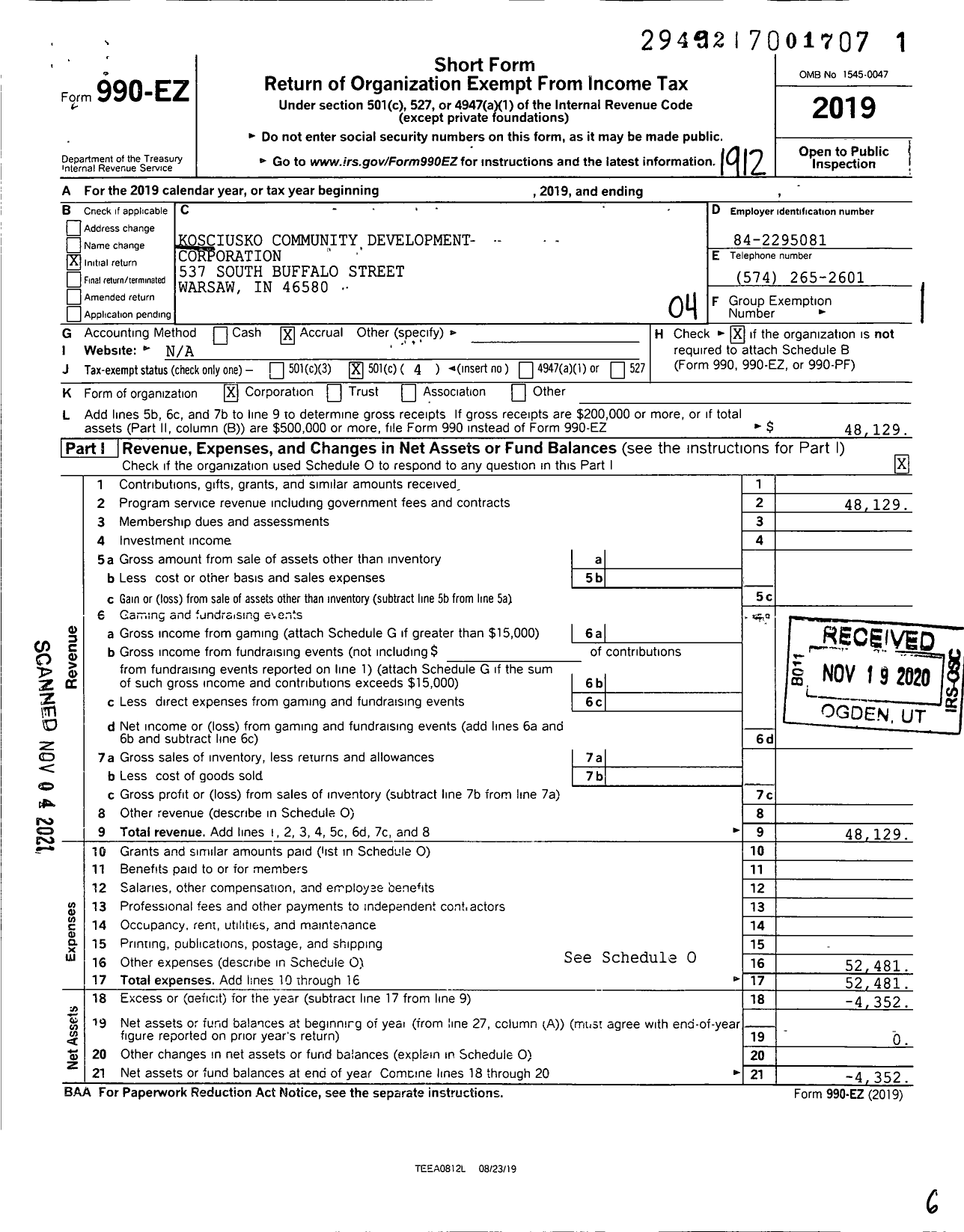 Image of first page of 2019 Form 990EO for Kosciusko Community Development Corporation