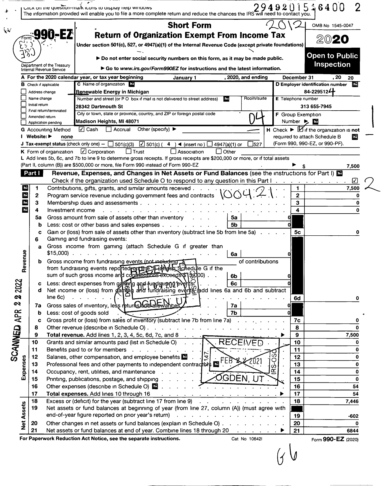 Image of first page of 2020 Form 990EO for Renewable Energy in Michigan